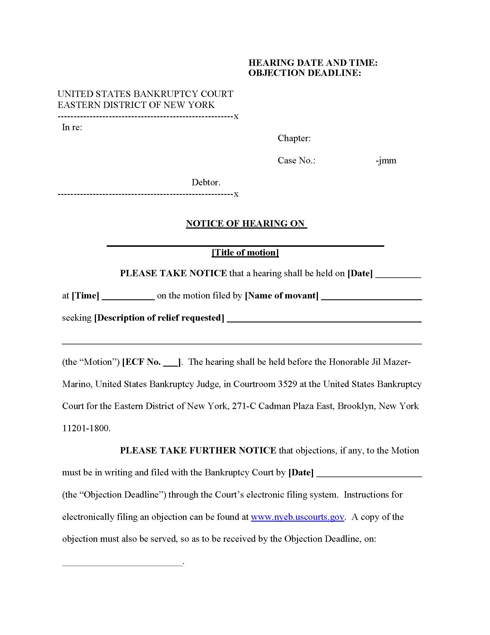 Notice Of Hearing (Chapter 13 Confirmation Calendar) (Judge Mazer-Marino) {NYEB NoH13CC-JMM} | Pdf Fpdf Docx | New York