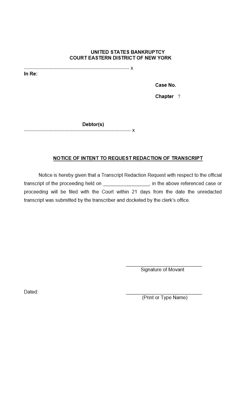 Notice Of Intent To Request Redaction Of Transcript {NYEB NIRRT} | Pdf Fpdf Doc Docx | New York