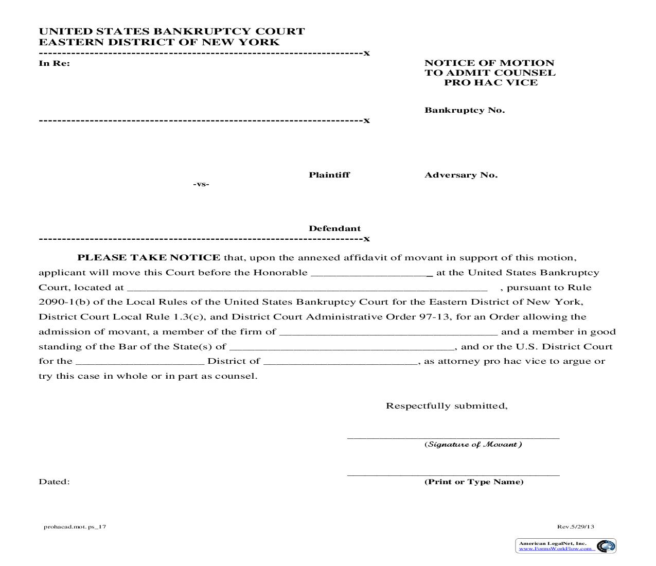Notice Of Motion To Admit Counsel Pro Hac Vice (Adversary Proceeding) {USBC-74e} | Pdf Fpdf Doc Docx | New York