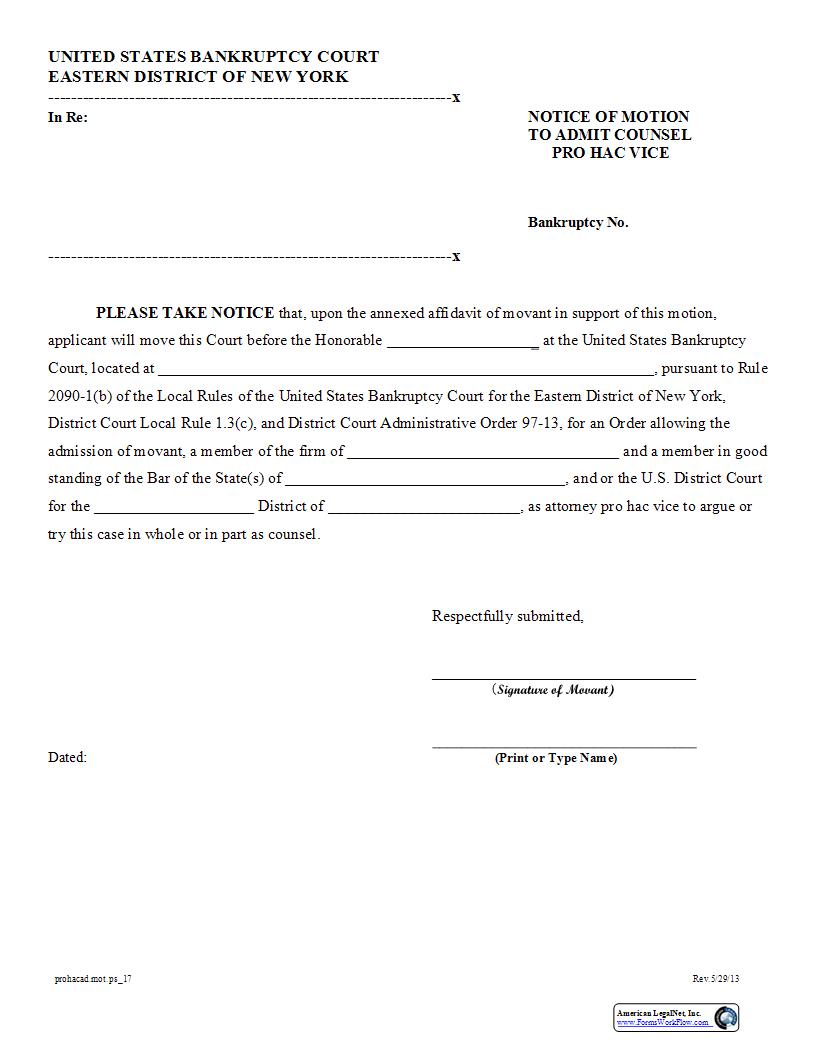 Notice Of Motion To Admit Counsel Pro Hac Vice (Bankruptcy Case) {USBC-74b} | Pdf Fpdf Docx | New York