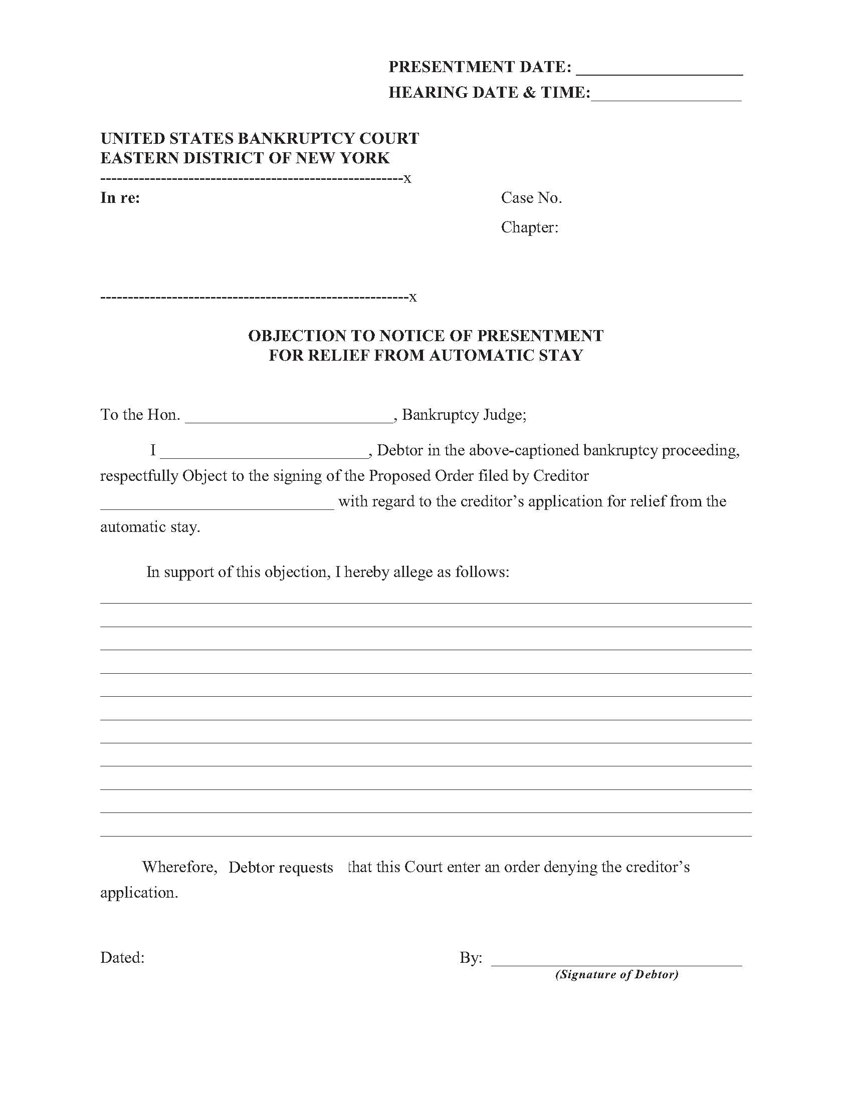 Objection To Notice Of Presentment For Relief From Automatic Stay {NYEB ONPRAS} | Pdf Fpdf Doc Docx | New York