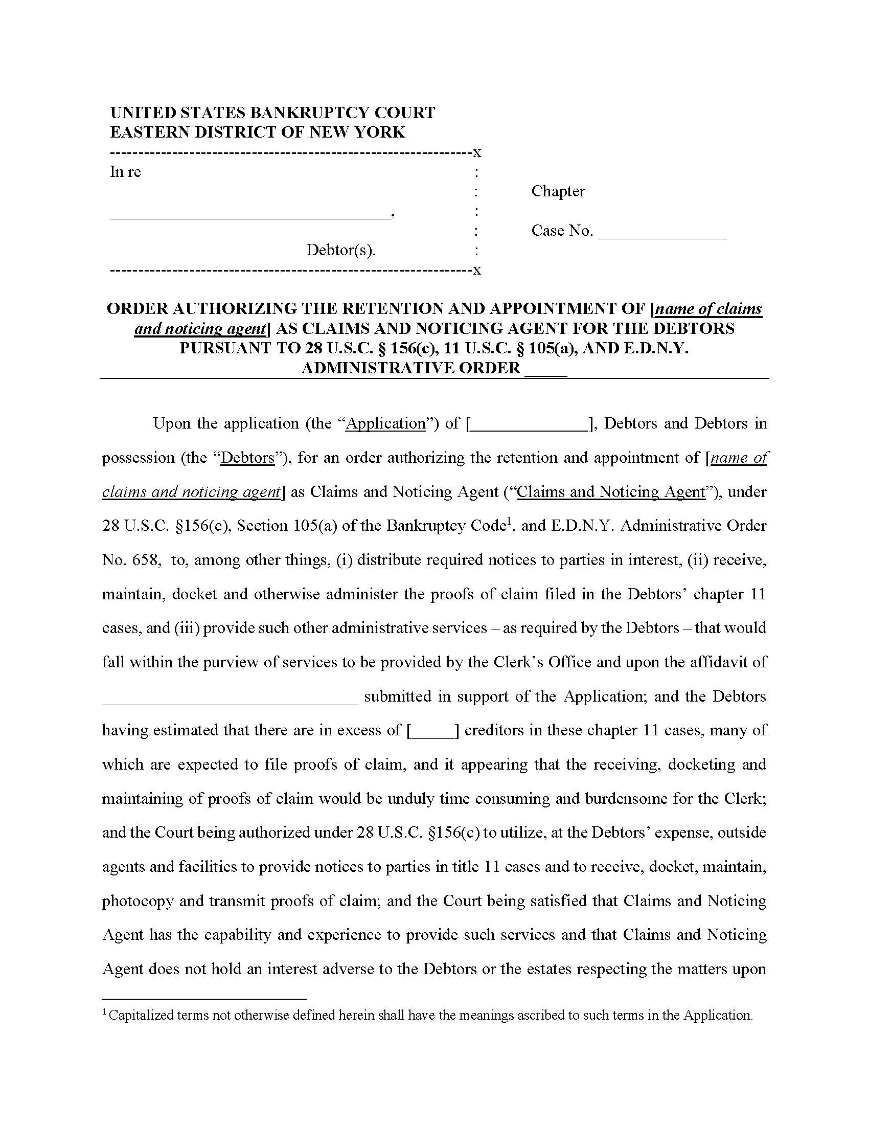 Order Authorizing Retention And Appointment Of Claims And Noticing Agent {NYEB OARACNA} | Pdf Fpdf Doc Docx | New York