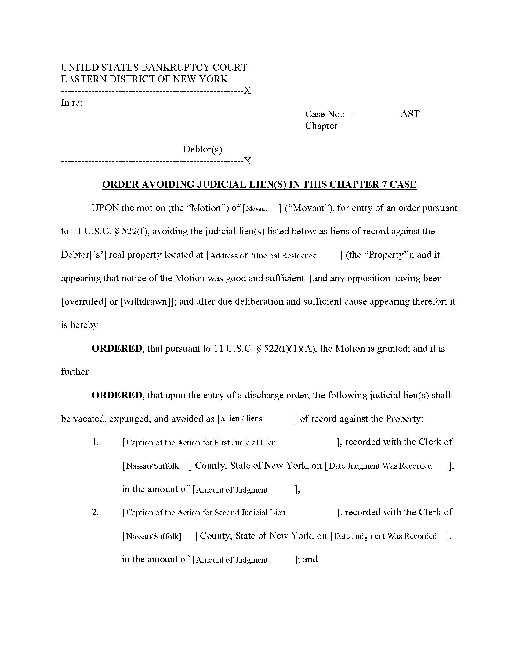 Order Avoiding Judicial Lien(s) Chapter 7 (Chief Judge Trust) {NYEB OAJLCh7-AST} | Pdf Fpdf Docx | New York