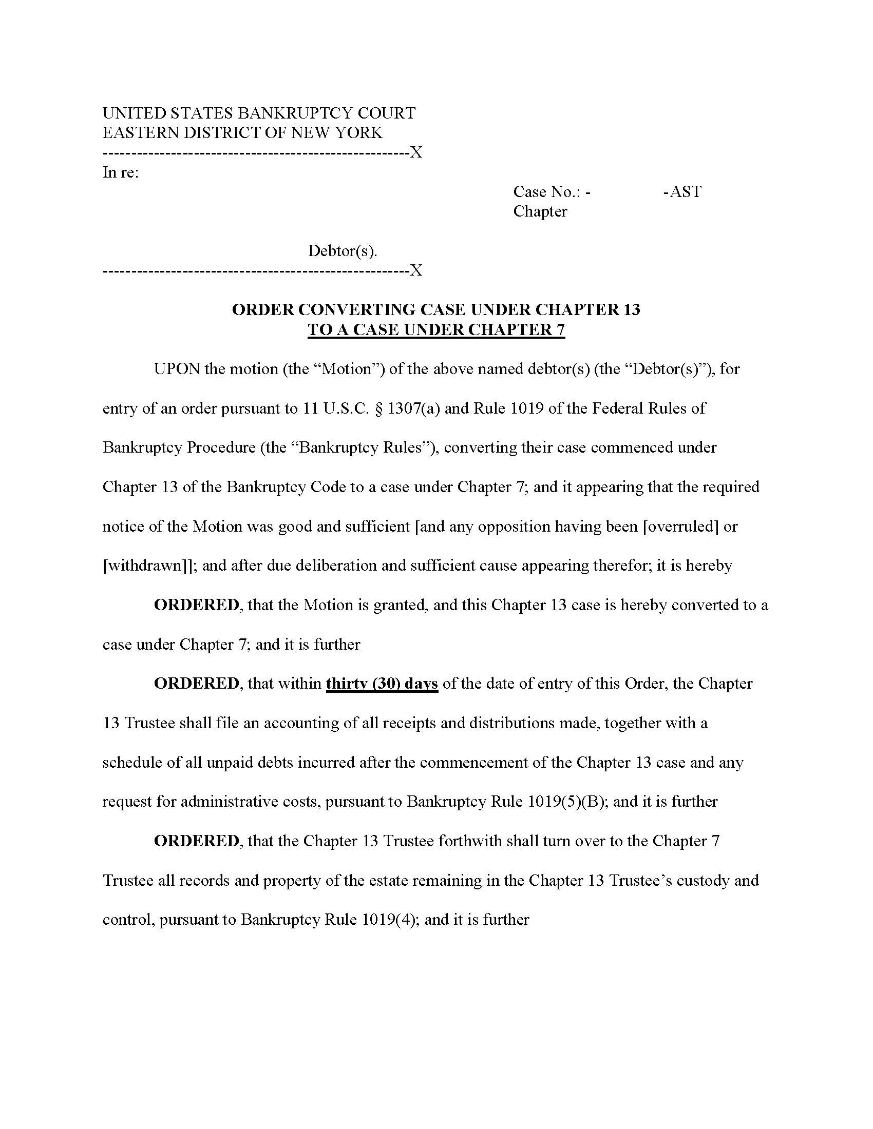 Order Converting Case Under Chapter 13 To Under Chapter 7 (Chief Judge Trust) {NYEB OCCh13Ch7-AST} | Pdf Fpdf Docx | New York