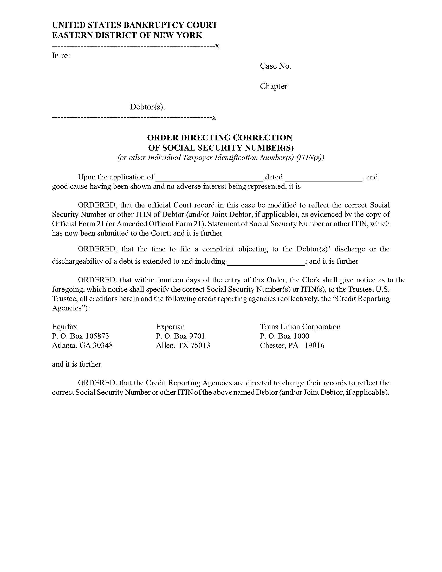 Order Directing Correction Social Security Number(s) (Or Other ITIN(s)) {NYEB ODCSSN} | Pdf Fpdf Doc Docx | New York
