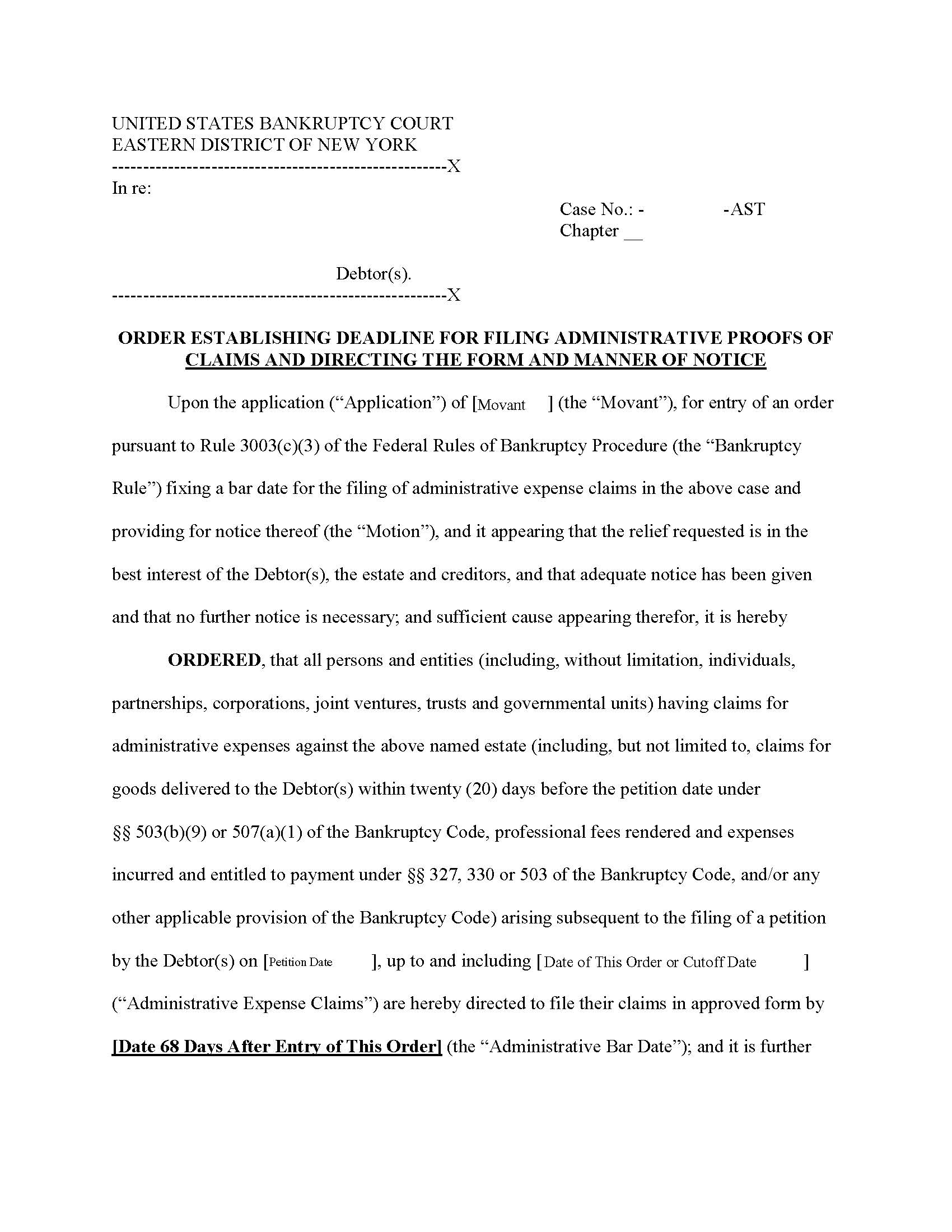 Order Establishing Deadline Filing Administrative Proofs Of Claim (Chief Judge Trust) {NYEB OEDFAPC-AST} | Pdf Fpdf Docx | New York