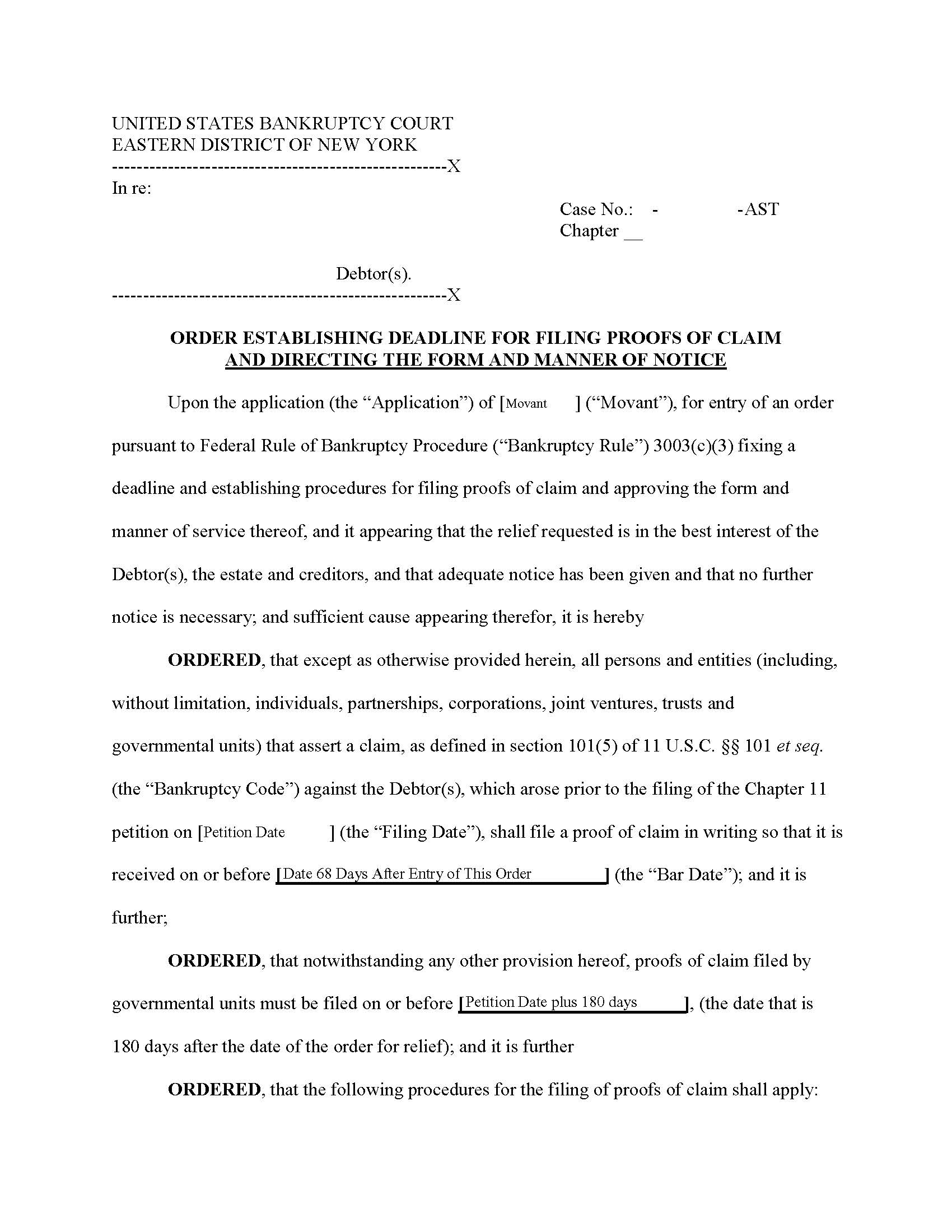 Order Establishing Deadline For Filing Proofs Of Claim (Chief Judge Trust)  {NYEB OEDFPC-AST} | Pdf Fpdf Docx | New York
