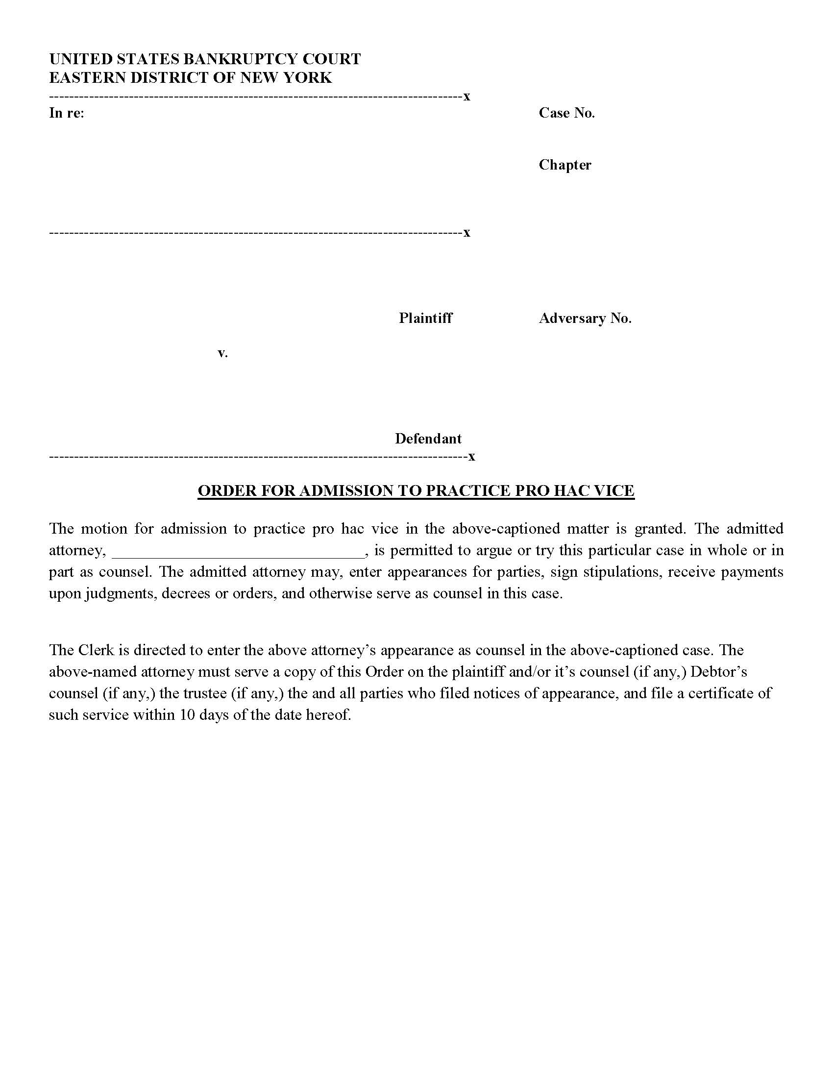 Order For Admission To Practice Pro Hac Vice (Adversary Proceeding) {75d} | Pdf Fpdf Doc Docx | New York