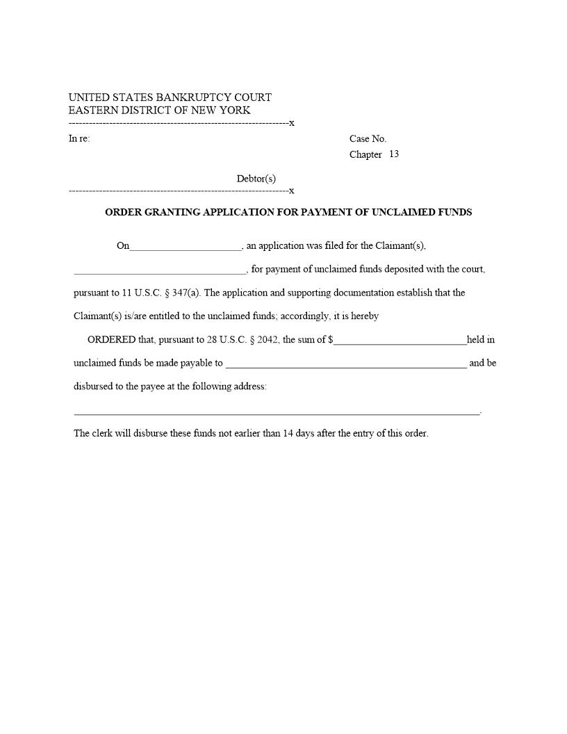 Order Granting Application For Payment Of Unclaimed Funds {NYEB-OGAPUF} | Pdf Fpdf Docx | New York
