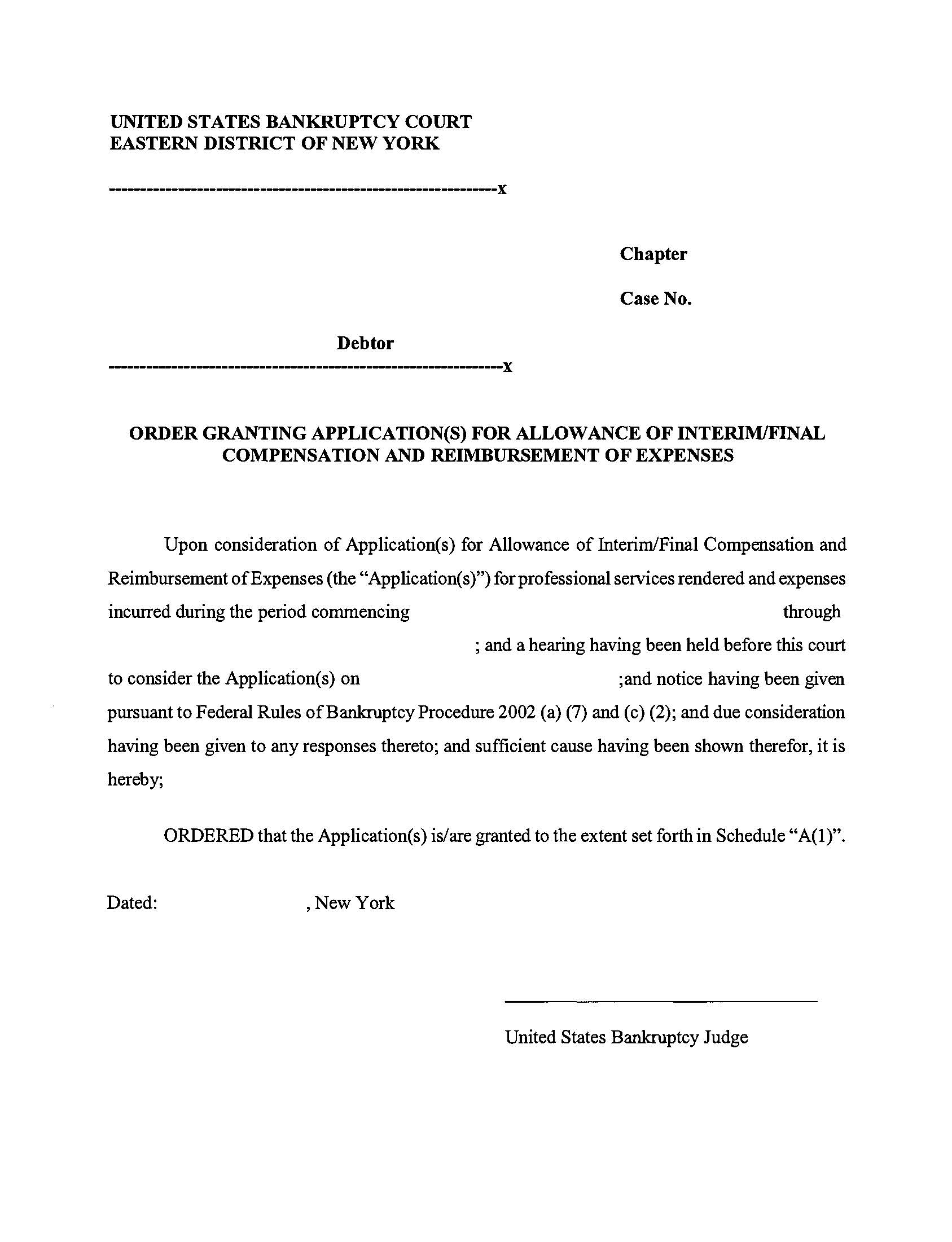 Order Granting Applications Allowance Of Compensation Reimbursement Of Expenses (Professional Services) {NYEB OGAACRE} | Pdf Fpdf Docx | New York