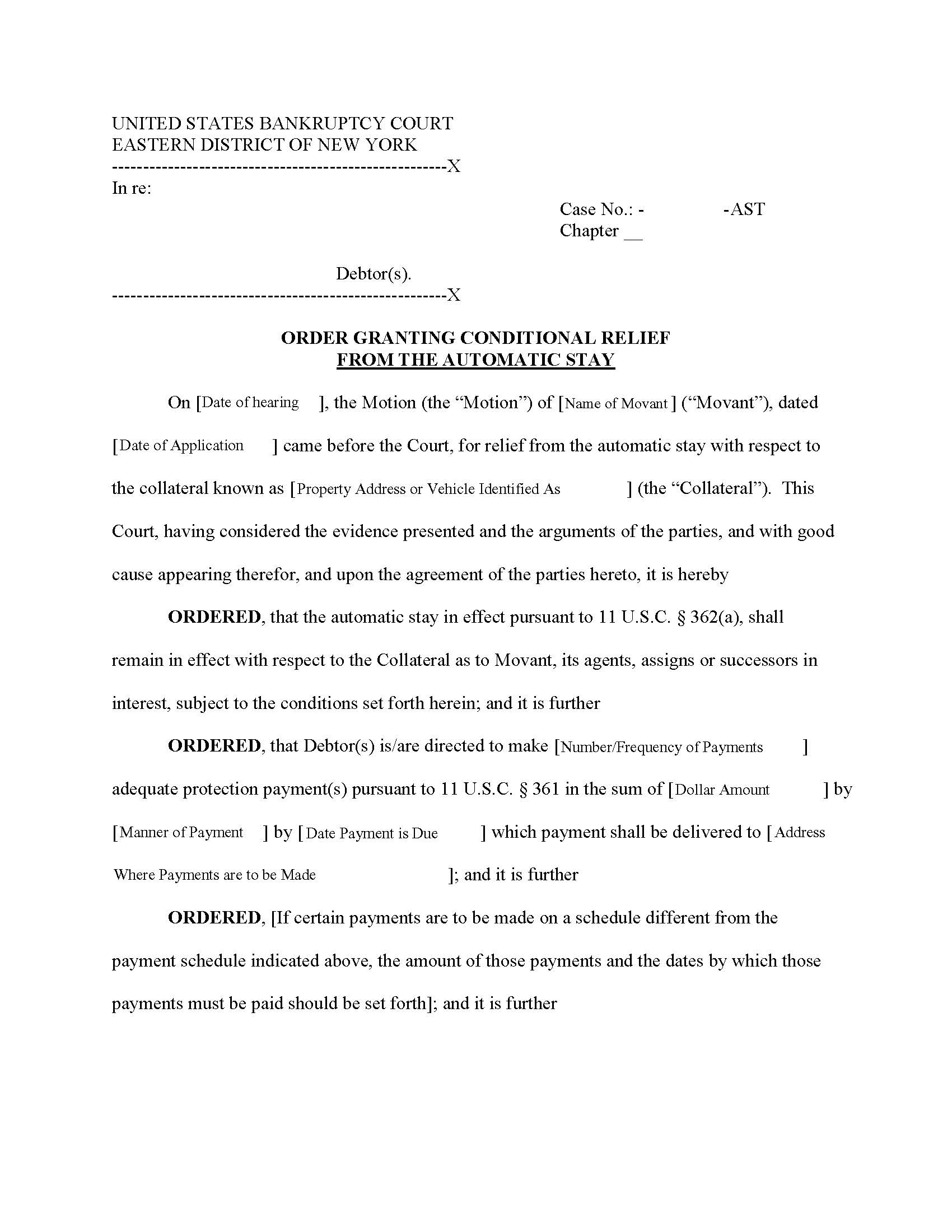 Order Granting Conditional Relief From The Automatic Stay (Chief Judge Trust) {NYEB OGCRAS-AST} | Pdf Fpdf Docx | New York