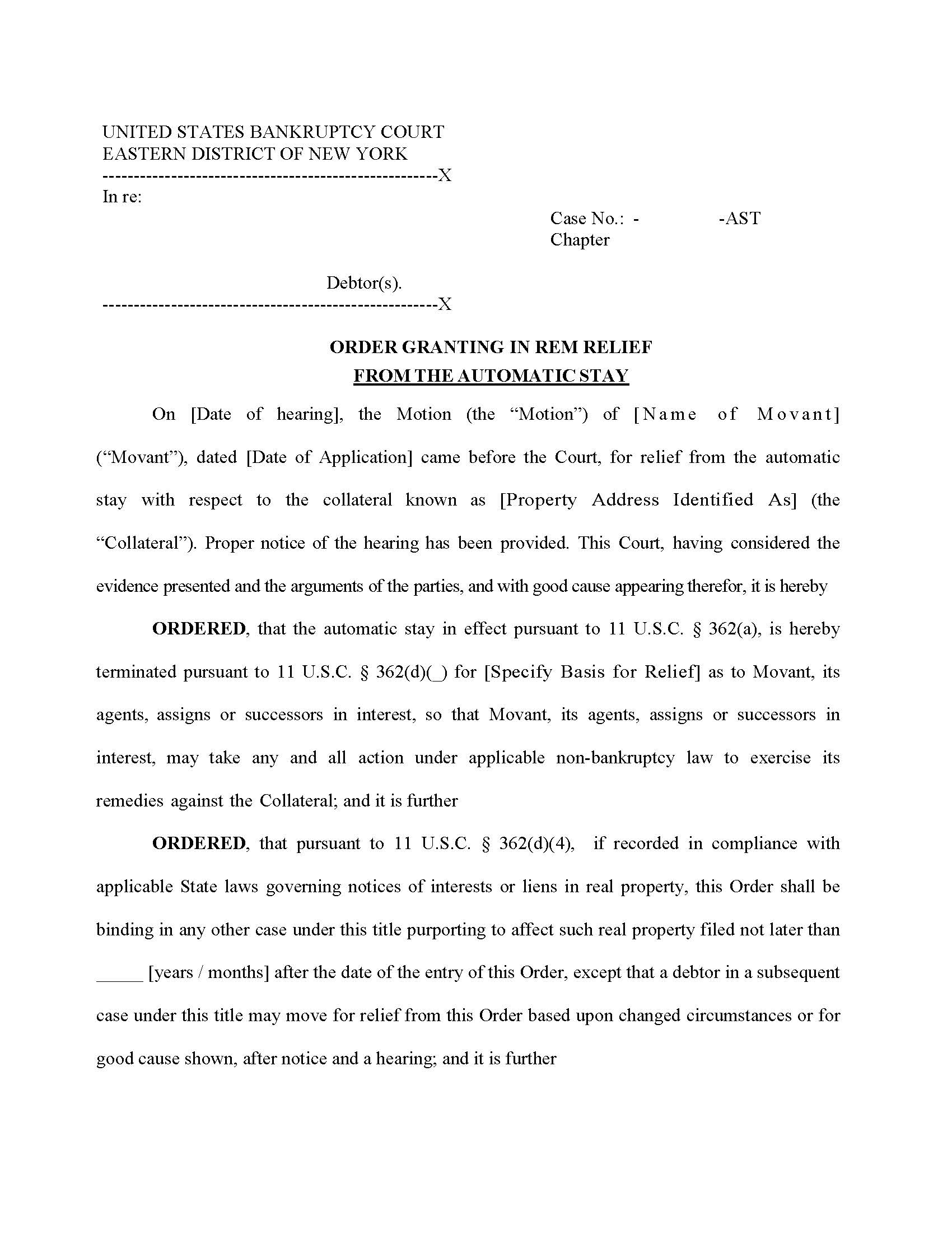 Order Granting In Rem Relief From Automatic Stay (Judge Trust) {NYEB OGIRRAS-AST} | Pdf Fpdf Docx | New York