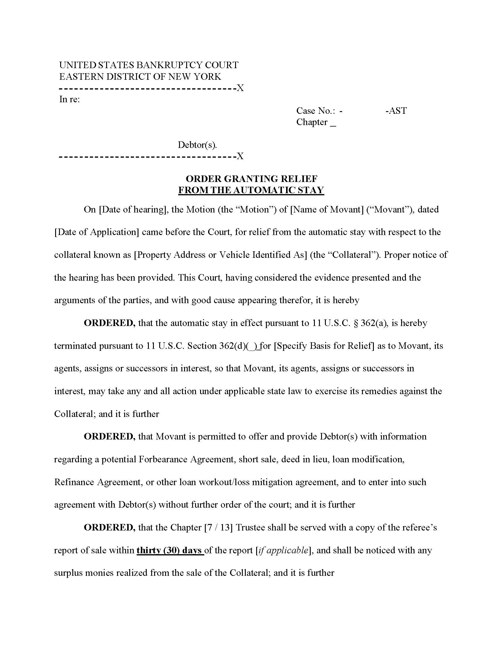 Order Granting Relief From The Automatic Stay (Chief Judge Trust) {NYEB OGRAS-AST} | Pdf Fpdf Docx | New York