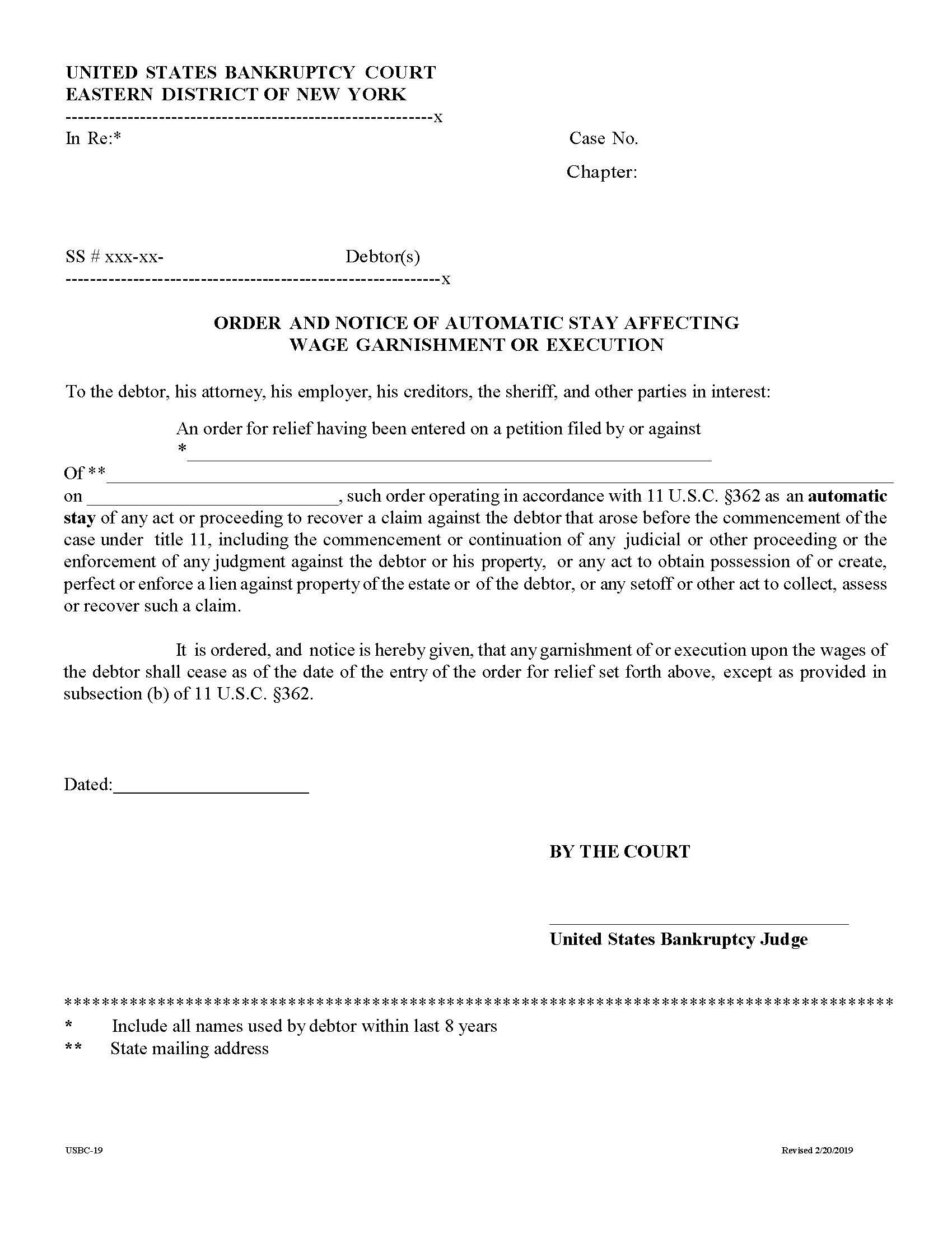 Order Notice Of Automatic Stay Affecting Wage Garnishment Or Execution {USBC-19} | Pdf Fpdf Docx | New York