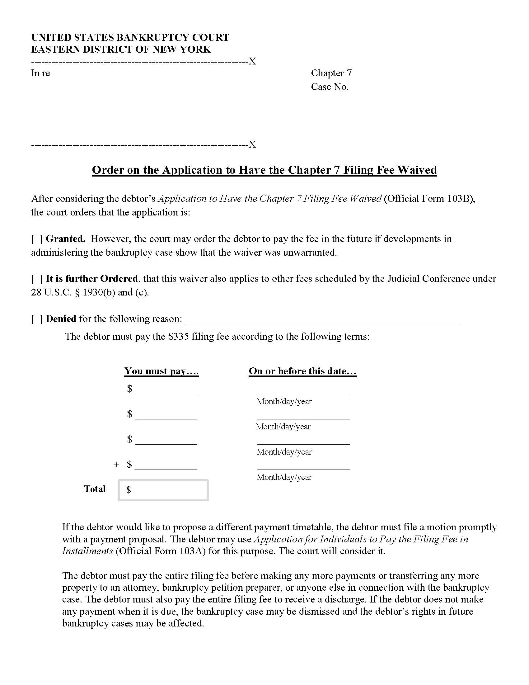 Order On Application To Have Chapter 7 Filing Fee Waived {NYEB OACh7FFW} | Pdf Fpdf Doc Docx | New York