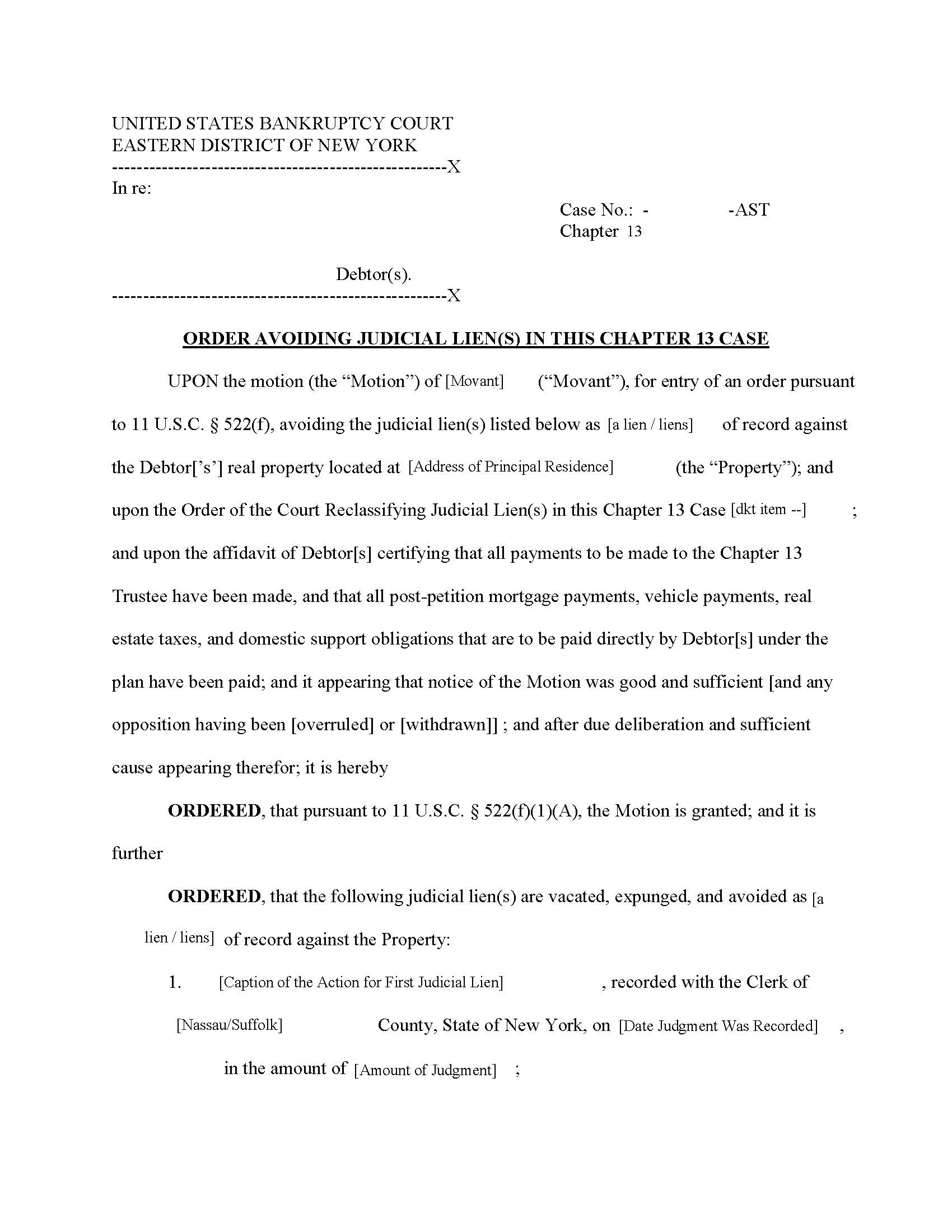 Order Reclassifying Judicial Liens Chapter 13 (After Completion) (Chief Judge Trust) {NYEB ORJLCh13-A-AST} | Pdf Fpdf Docx | New York