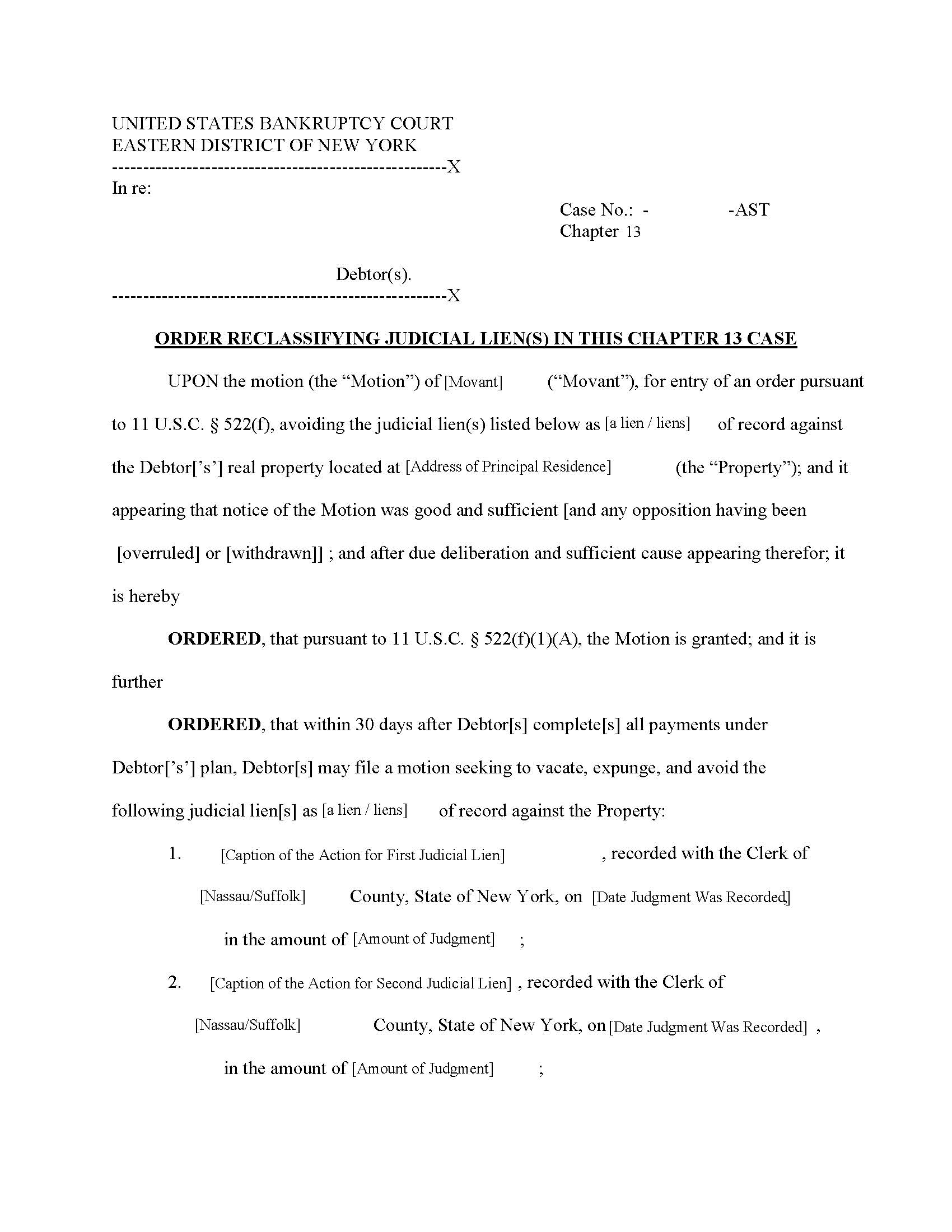Order Reclassifying Judicial Liens Chapter 13 (Pre-Completion) (Chief Judge Trust) {NYEB ORJLCh13P-AST} | Pdf Fpdf Docx | New York