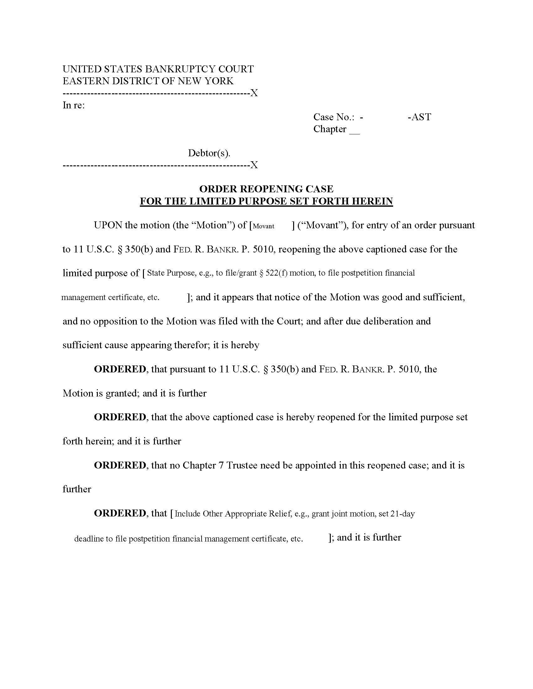 Order Reopening Case For Limited Purpose (Consumer) (Chief Judge Trust) {NYEB ORCLPC-AST} | Pdf Fpdf Docx | New York