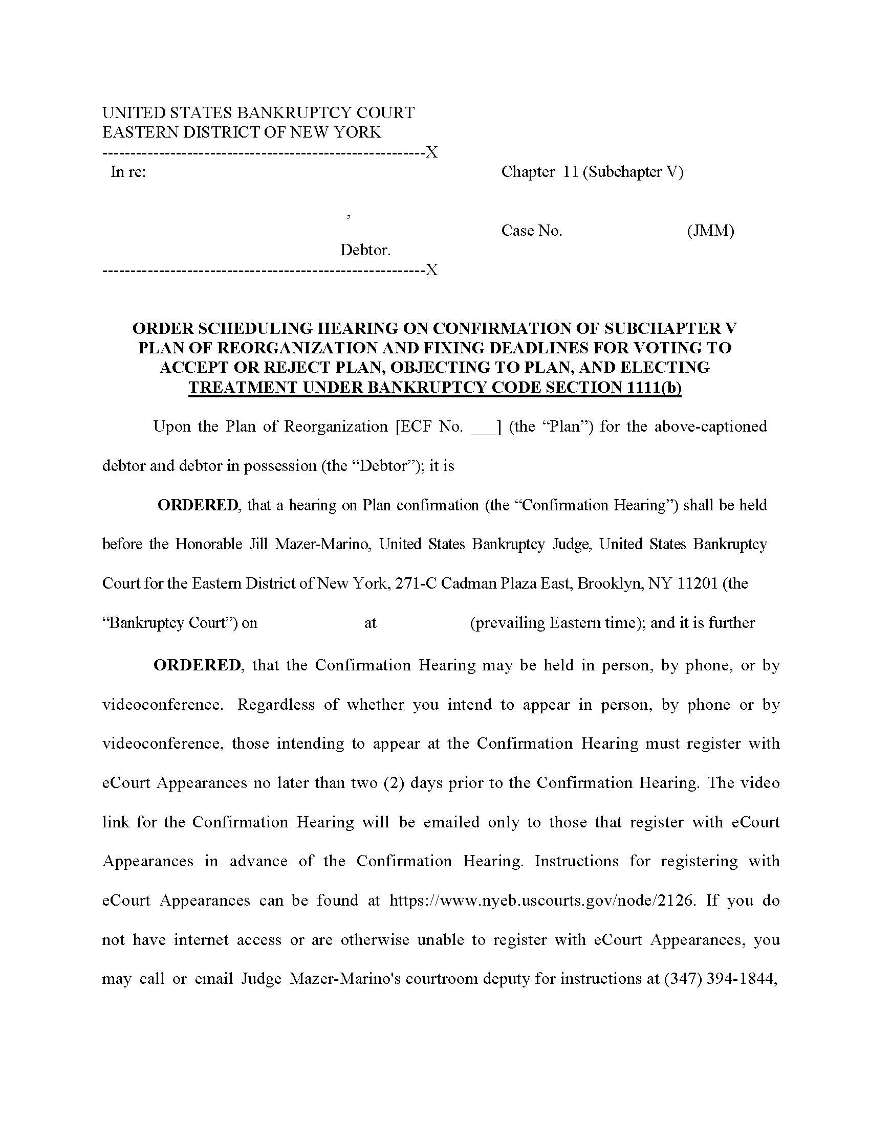 Order Scheduling Confirmation Hearing Chapter 11 Subchapter V Plan (Judge Mazer-Marino) | Pdf Fpdf Docx | New York
