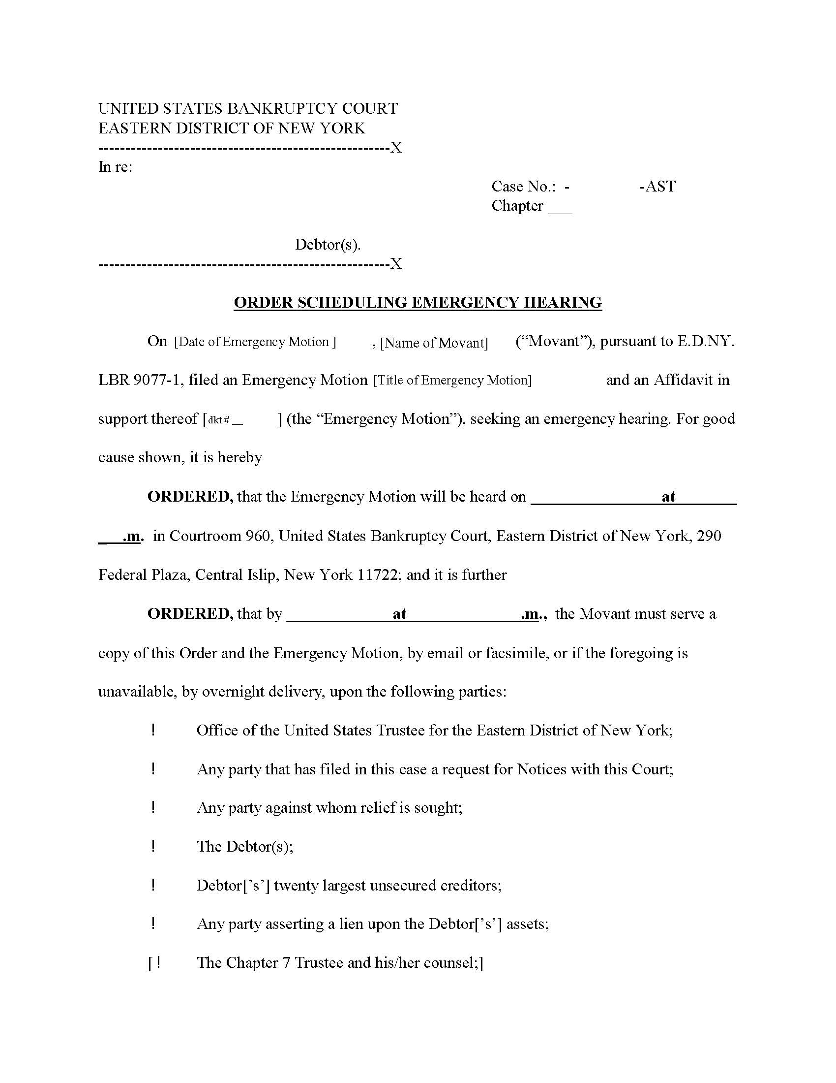 Order Scheduling Emergency Hearing (Chief Judge Trust) {NYEB OSEH-AST} | Pdf Fpdf Docx | New York