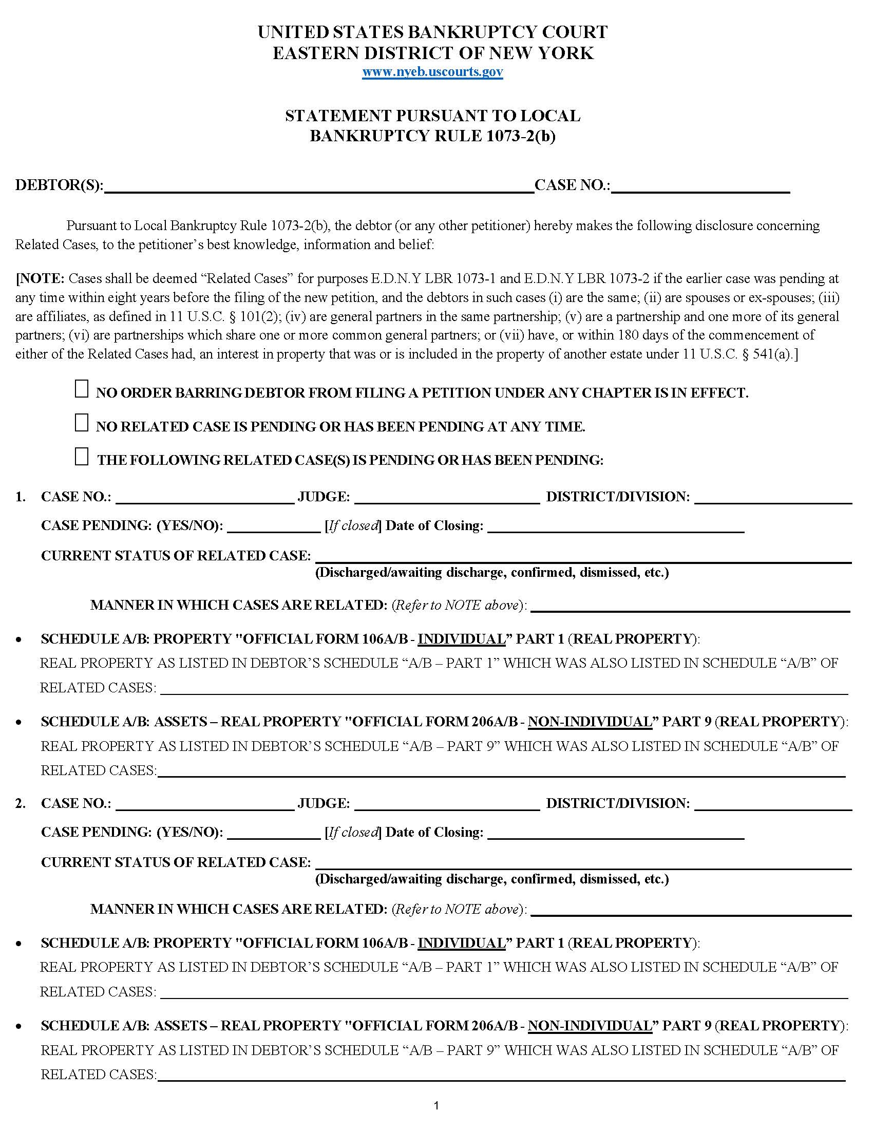 Statement Pursuant To Local Bankruptcy Rule 1073-2(b) {USBC-2} | Pdf Fpdf Doc Docx | New York