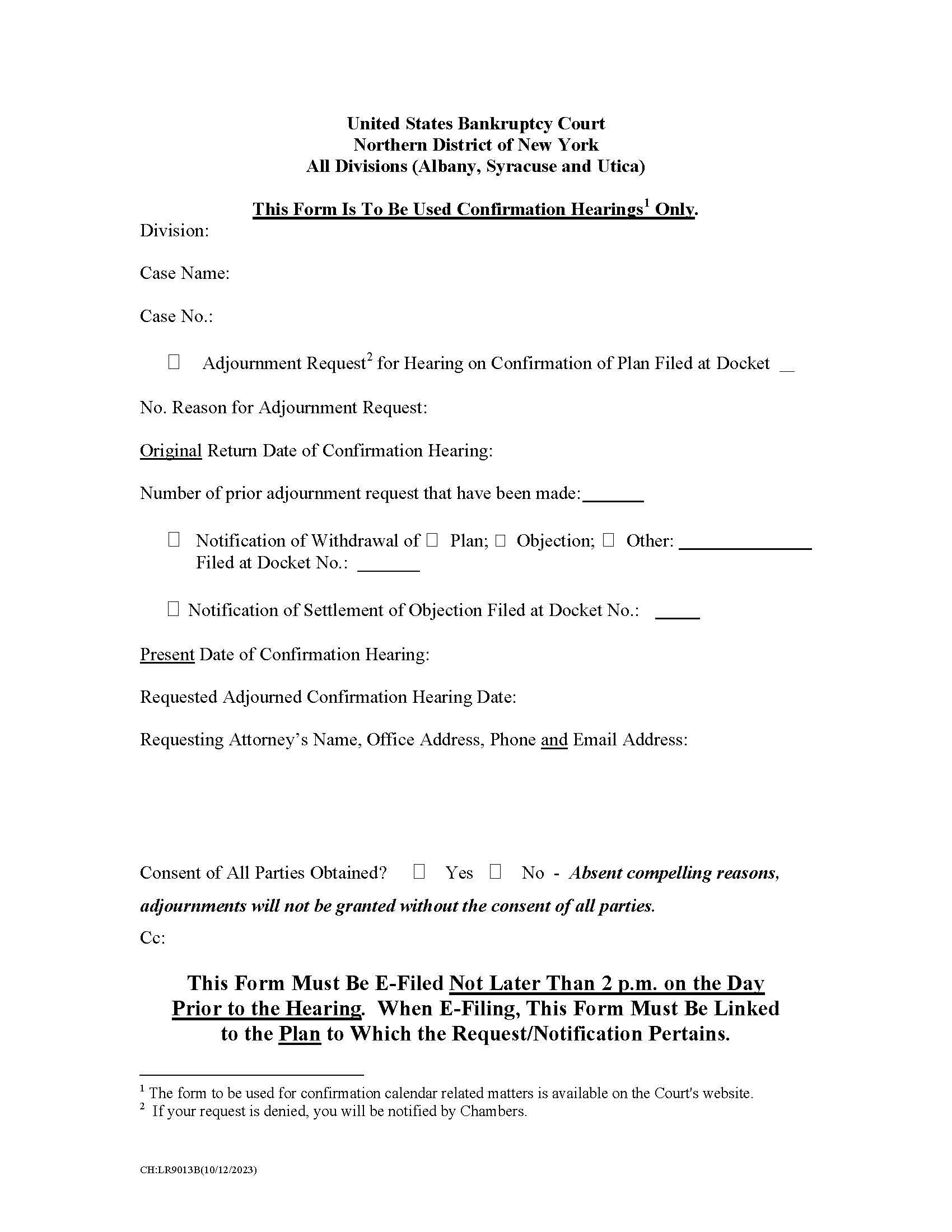 Adjournment Request For Hearing On Confirmation Of Plan {CH-LR9013B} | Pdf Fpdf Doc Docx | New York