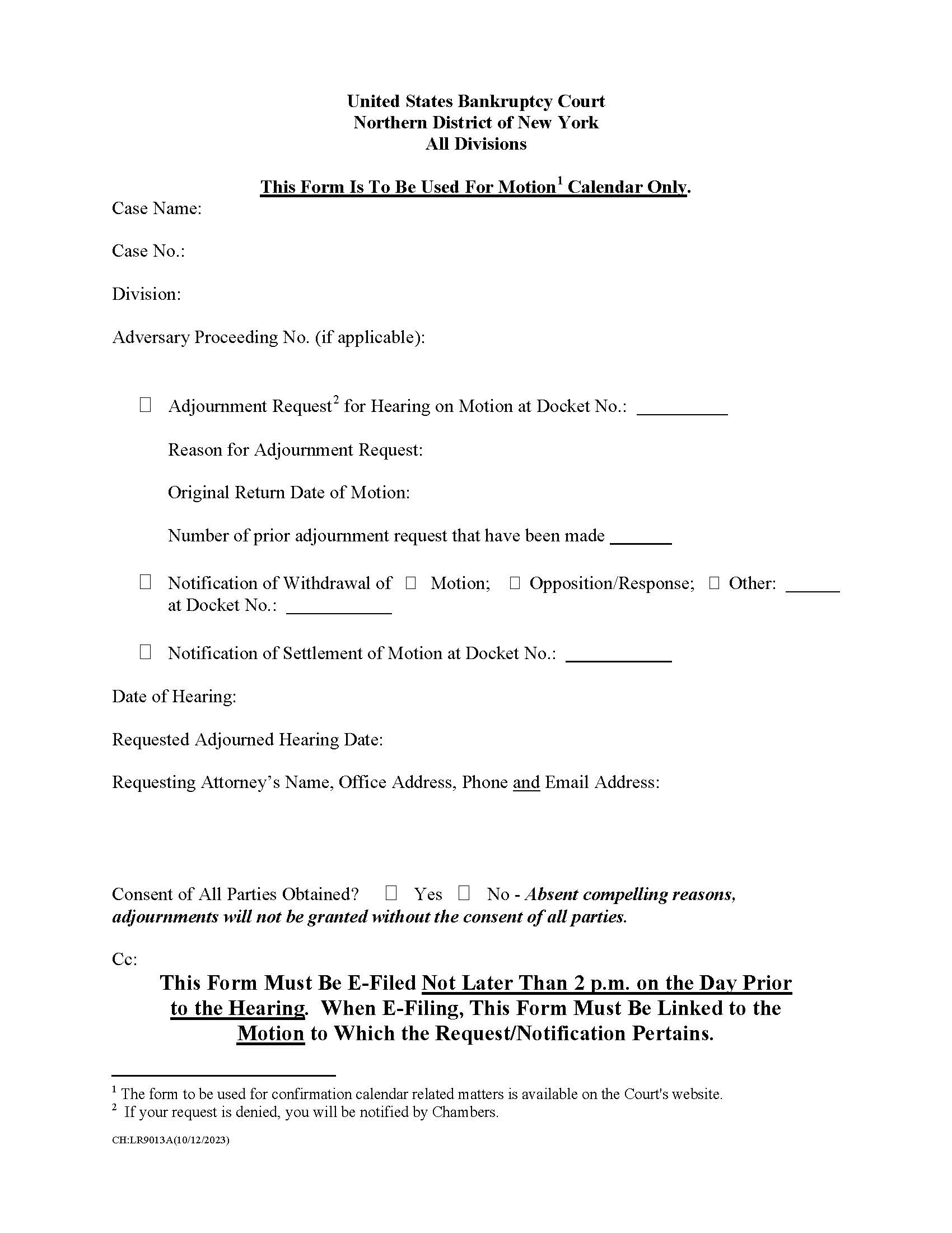 Adjournment Request-Withdrawal-Settlement Notification Motion Calendar Matters {CH-LR-9013A} | Pdf Fpdf Doc Docx | New York