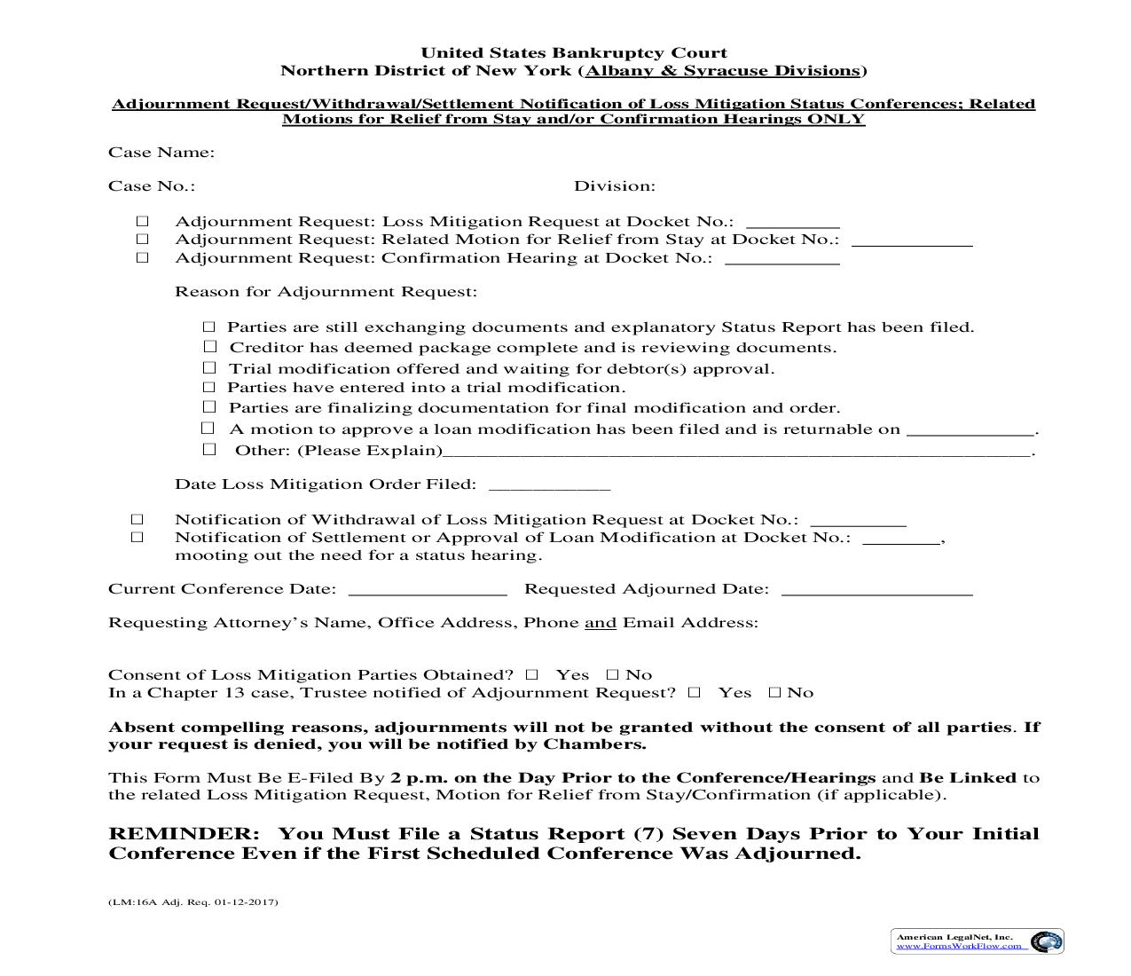 Adjournment Request-Withdrawal-Settlement Notification-Related Motions (Loss Mitigation - Albany-Syracuse) {LM16A} | Pdf Fpdf Doc Docx | New York
