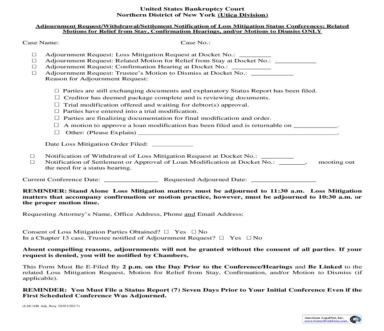 Adjournment Request-Withdrawal-Settlement Notification-Related Motions (Loss Mitigation - Utica) {LM16B} | Pdf Fpdf Docx | New York