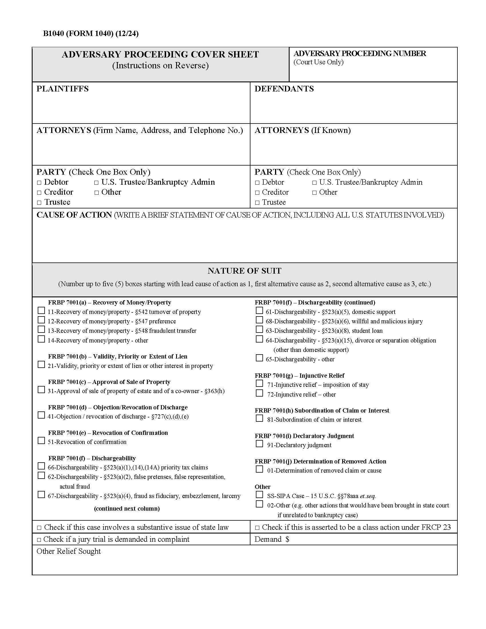 Adversary Proceeding Cover Sheet (NYNB) {FORM 1040} | Pdf Fpdf Docx | New York