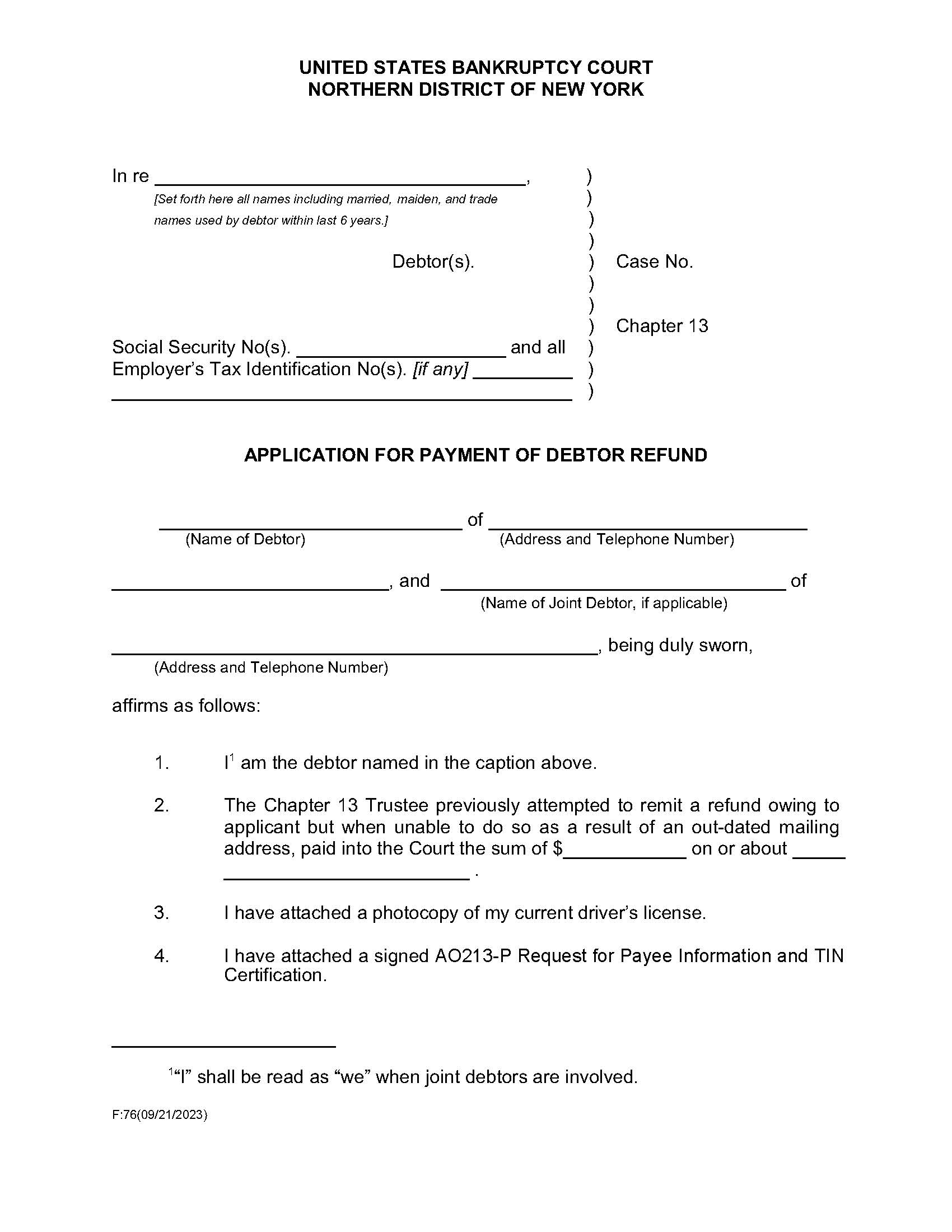 Application For Payment Of Debtor Refund {F76} | Pdf Fpdf Doc Docx | New York