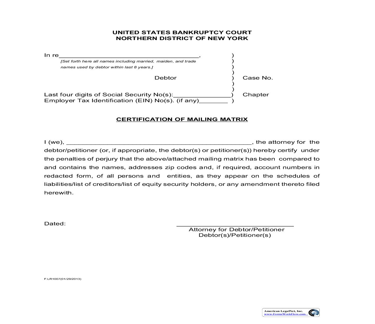 Certification Of Mailing Matrix {LR1007} | Pdf Fpdf Doc Docx | New York