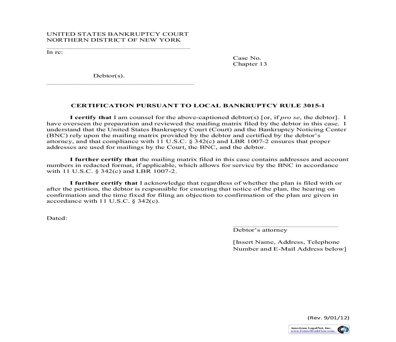 Certification Pursuant To Local Bankruptcy Rule 3015-1 {OLR3015D} | Pdf Fpdf Doc Docx | New York