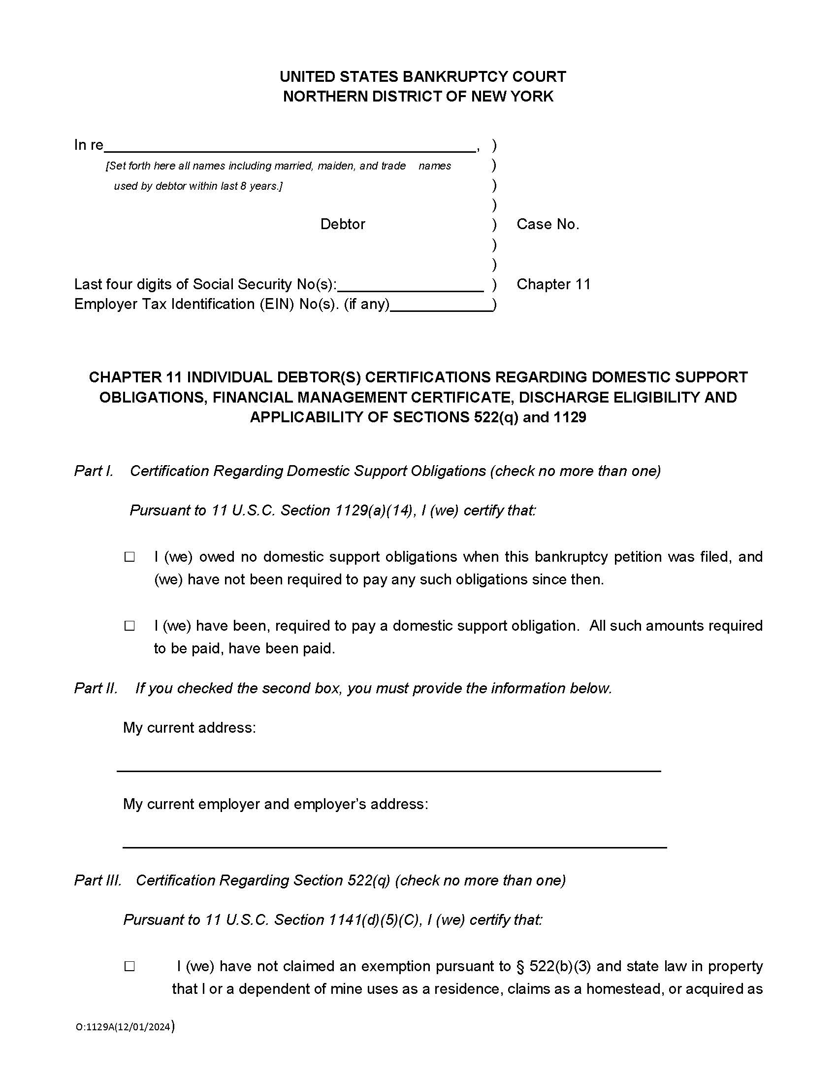 Chapter 11 Individual Debtors Certification Regarding Domestic Support Obligations {O-1129A} | Pdf Fpdf Doc Docx | New York