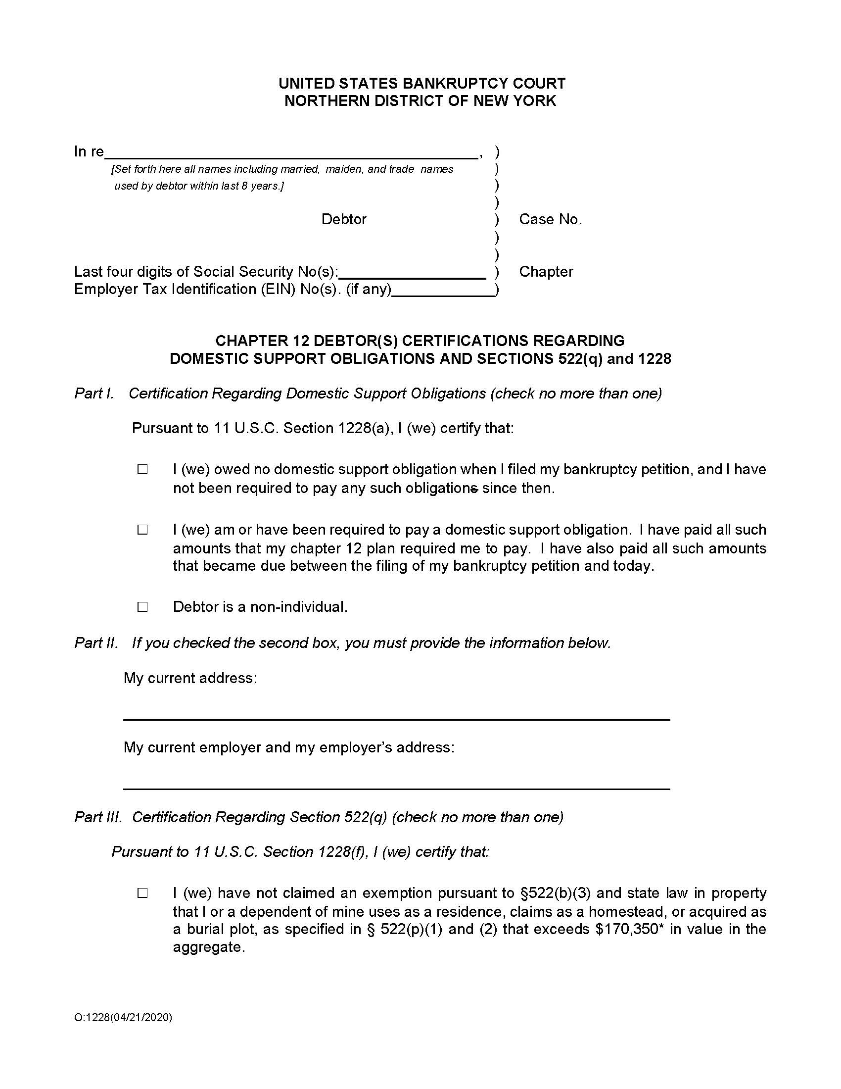 Chapter 12 Debtor(s) Certifications Regarding Domestic Support Obligations {O-1228} | Pdf Fpdf Doc Docx | New York