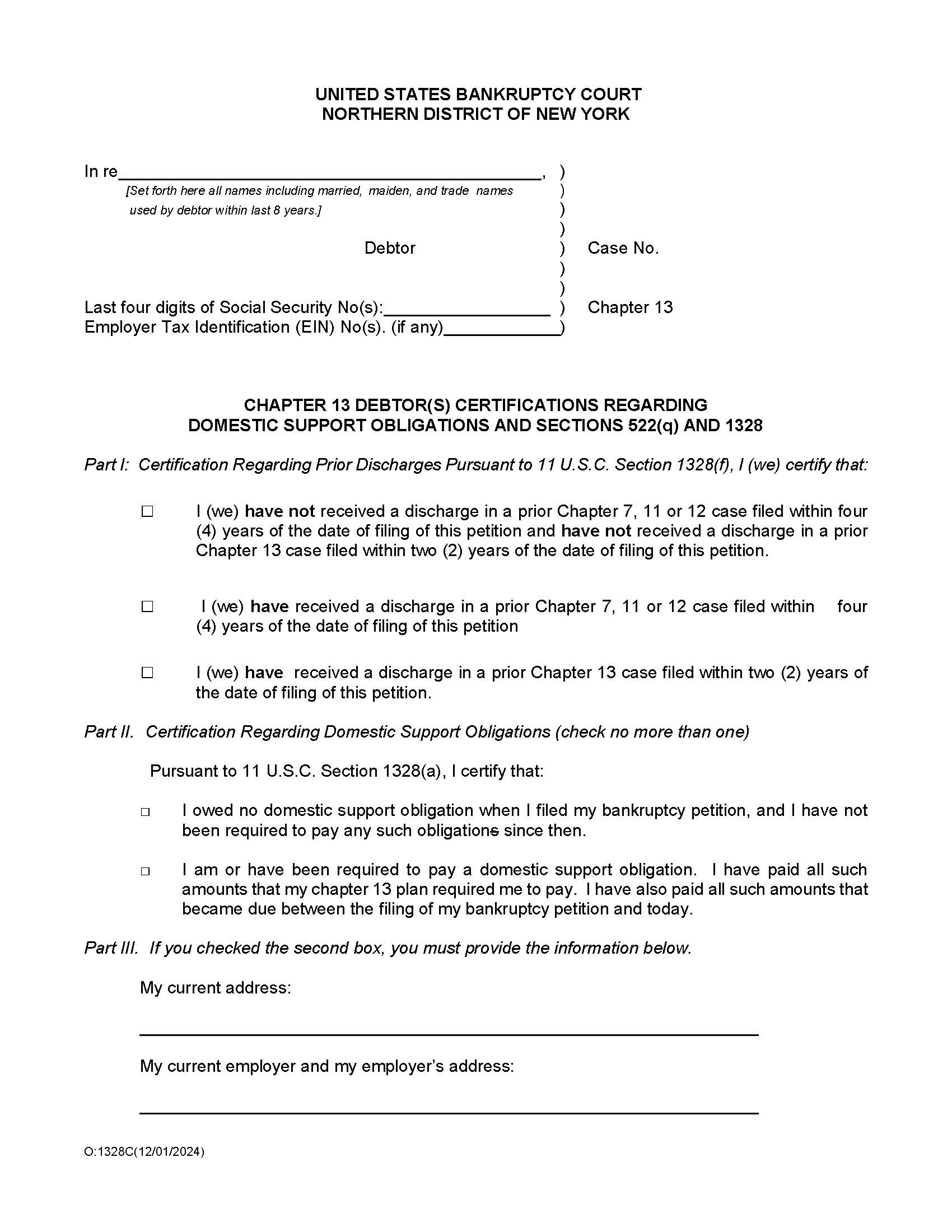 Chapter 13 Debtors Certifications Domestic Support Obligations Sections 522(q) 1328 {O-1328C} | Pdf Fpdf Doc Docx | New York