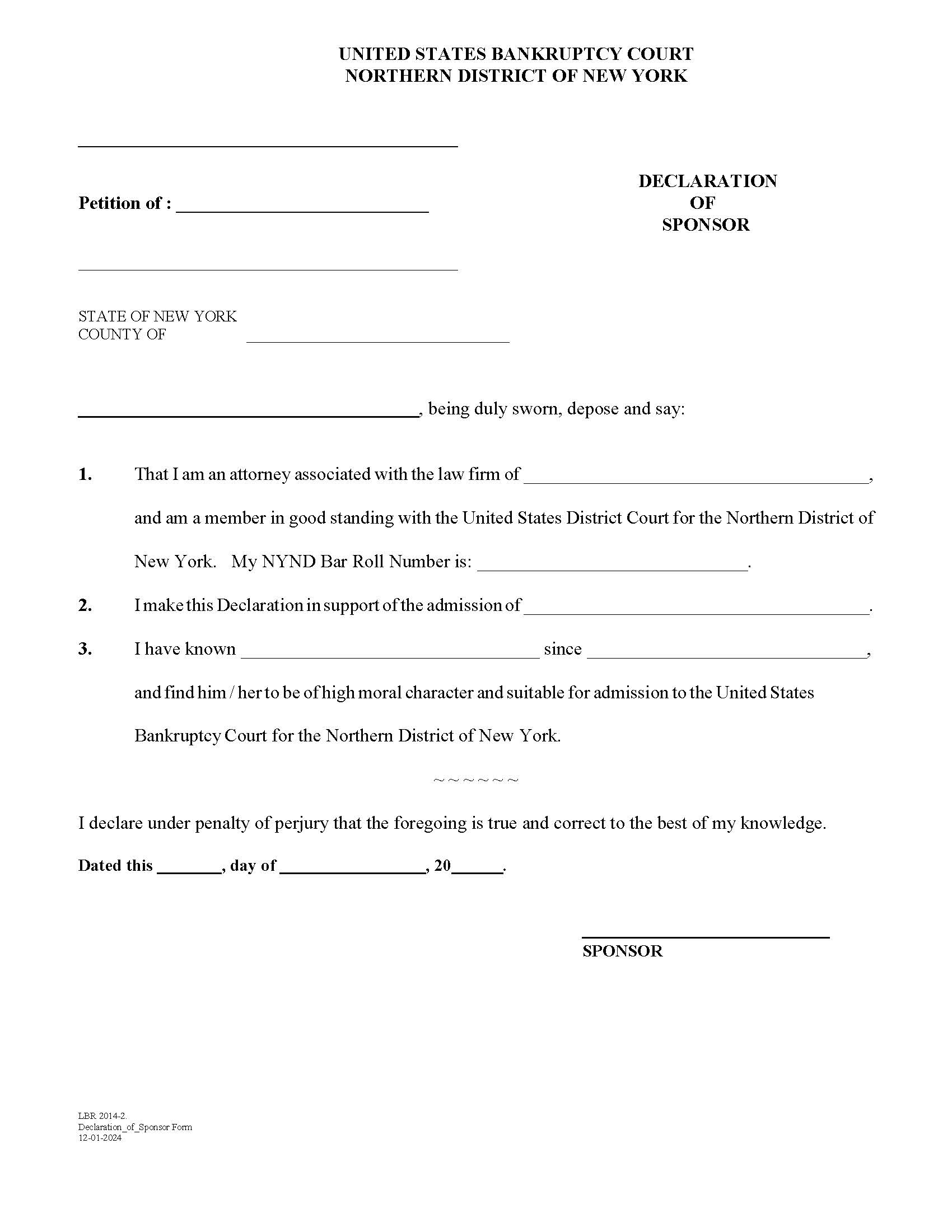 Declaration Of Sponsor (Admission Pro Hac Vice) | Pdf Fpdf Docx | New York