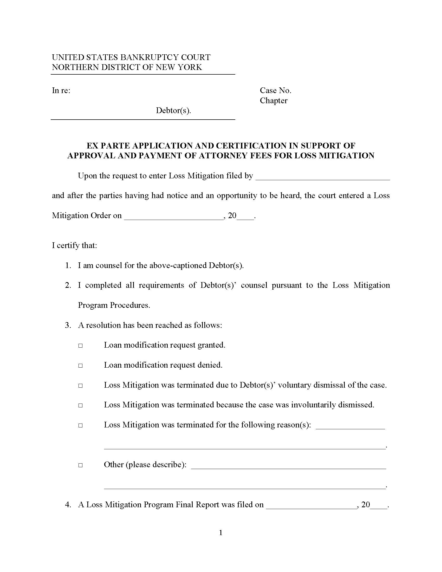 Ex Parte Application Certification In Support Of Approval Loss Mitigation {LM-13} | Pdf Fpdf Docx | New York