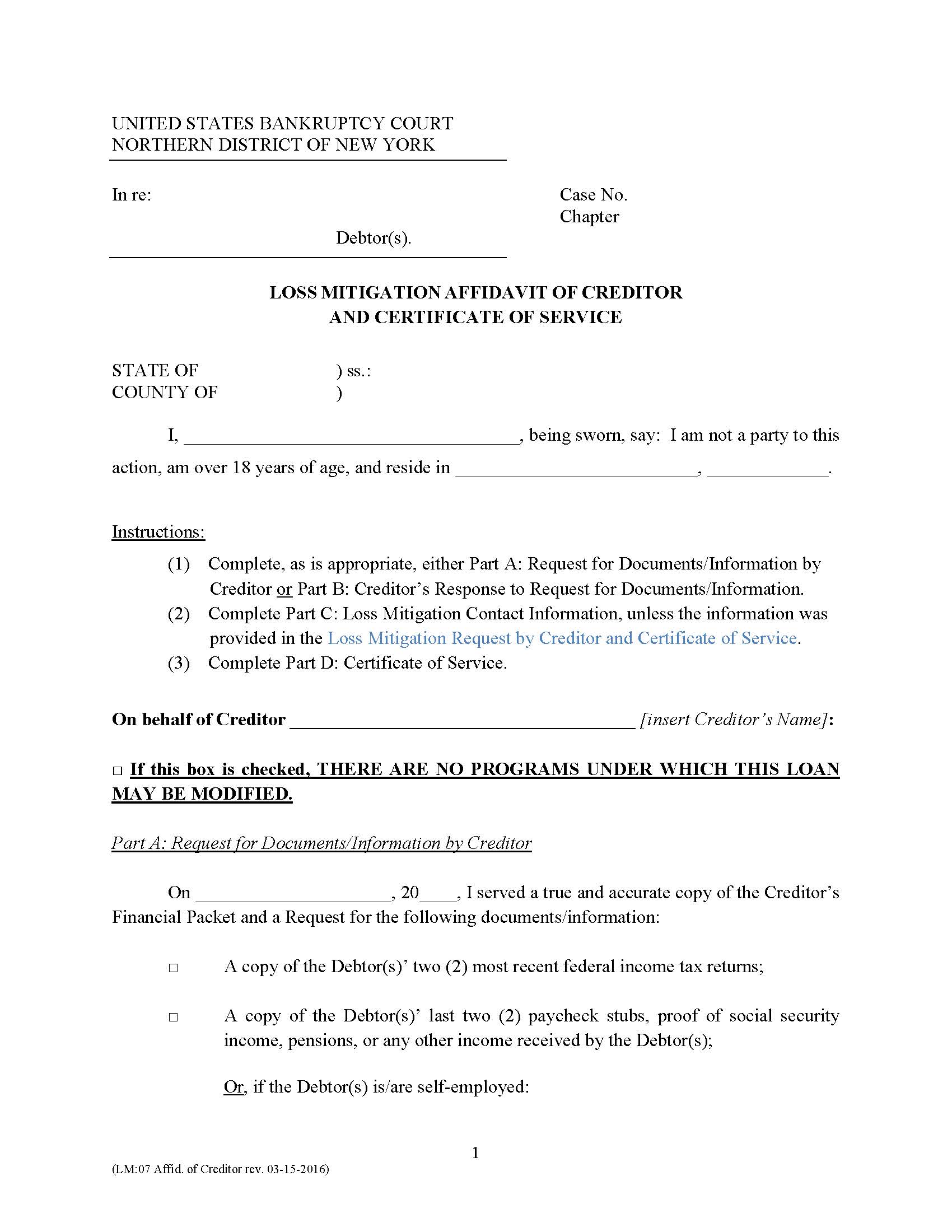 Loss Mitigation Affidavit Of Creditor And Certificate Of Service {LM-07} | Pdf Fpdf Docx | New York