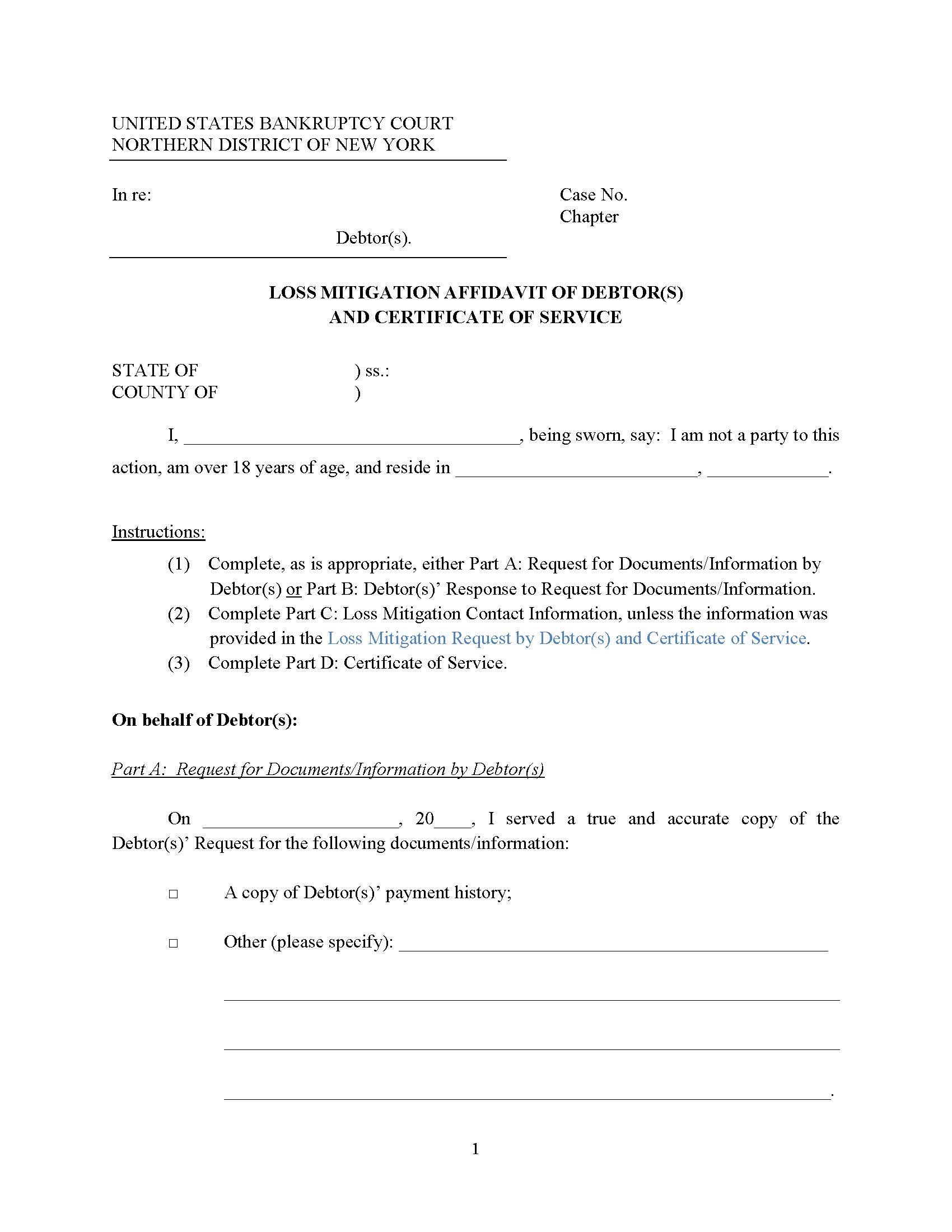 Loss Mitigation Affidavit Of Debtor(s) And Certificate Of Service {LM-06} | Pdf Fpdf Docx | New York