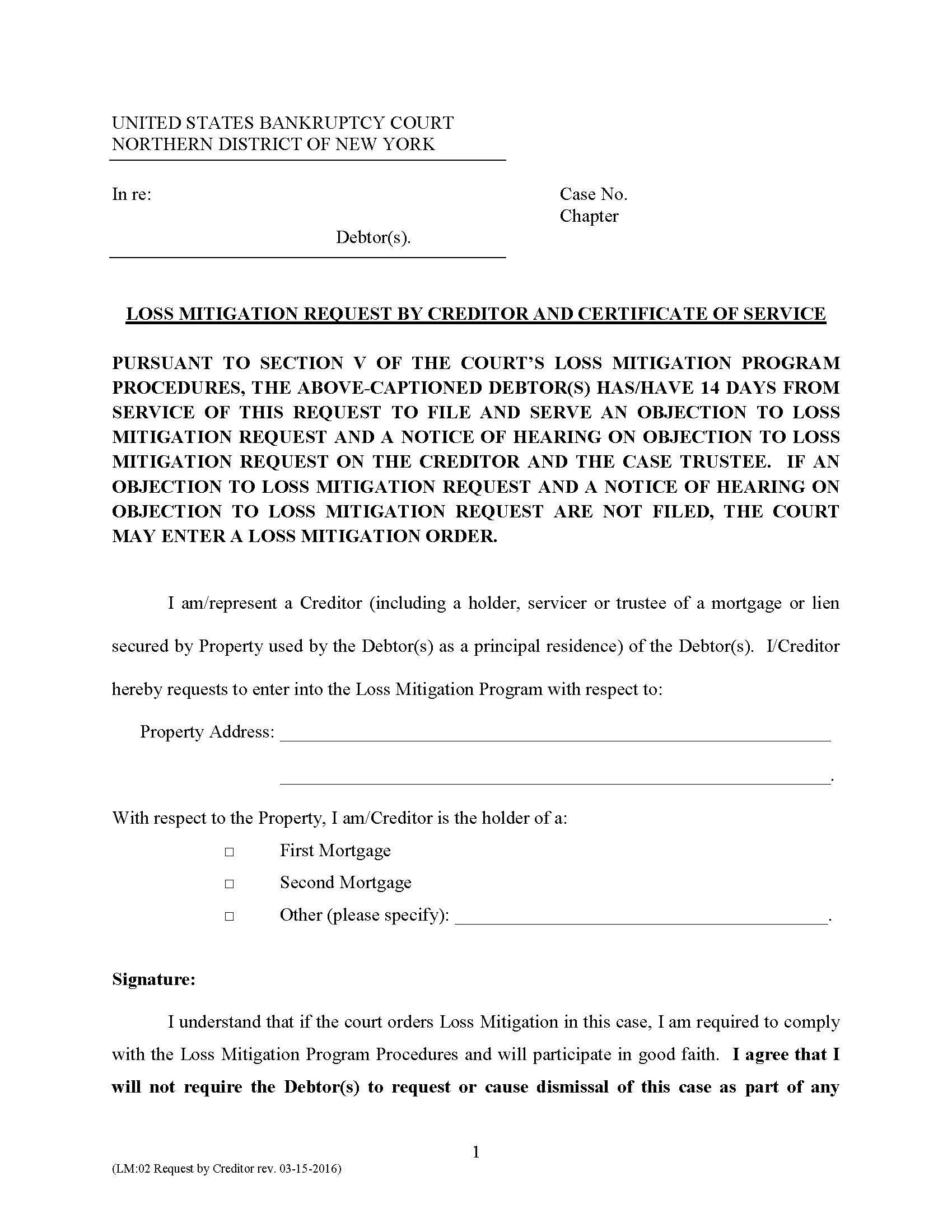 Loss Mitigation Request By Creditor And Certificate Of Service {LM 02} | Pdf Fpdf Docx | New York