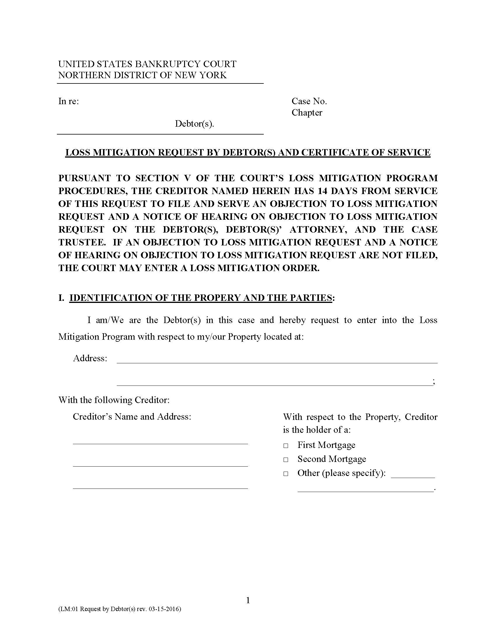 Loss Mitigation Request By Debtor(s) And Certificate Of Service {LM 01} | Pdf Fpdf Docx | New York