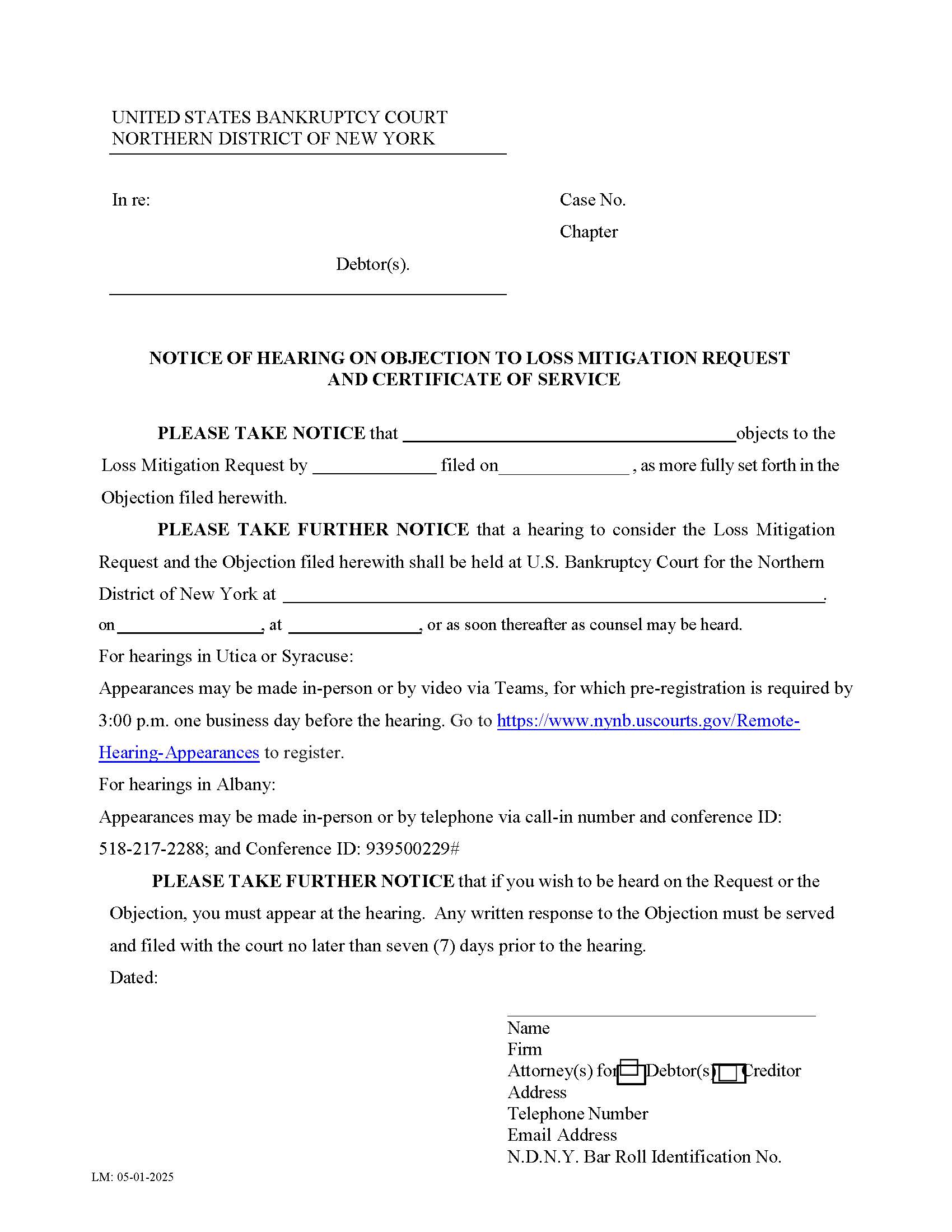 Notice Of Hearing On Objection To Loss Mitigation Request {LM-04} | Pdf Fpdf Docx | New York