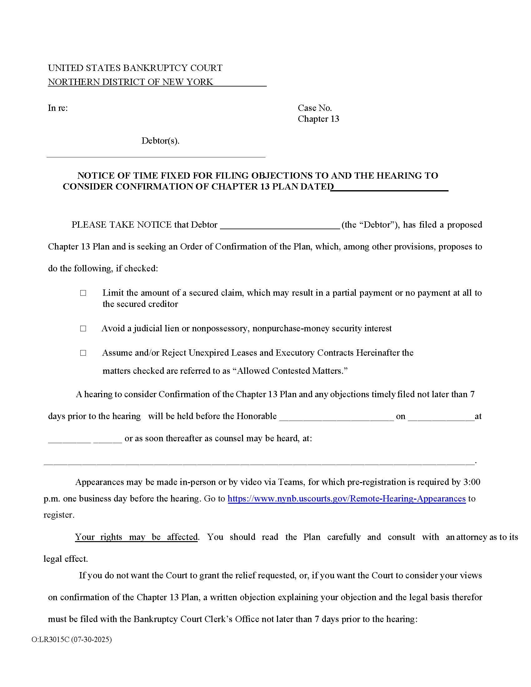 Notice Of Time Fixed For Objections To And Chapter 13 Plan Hearing {OLR3015C} | Pdf Fpdf Docx | New York