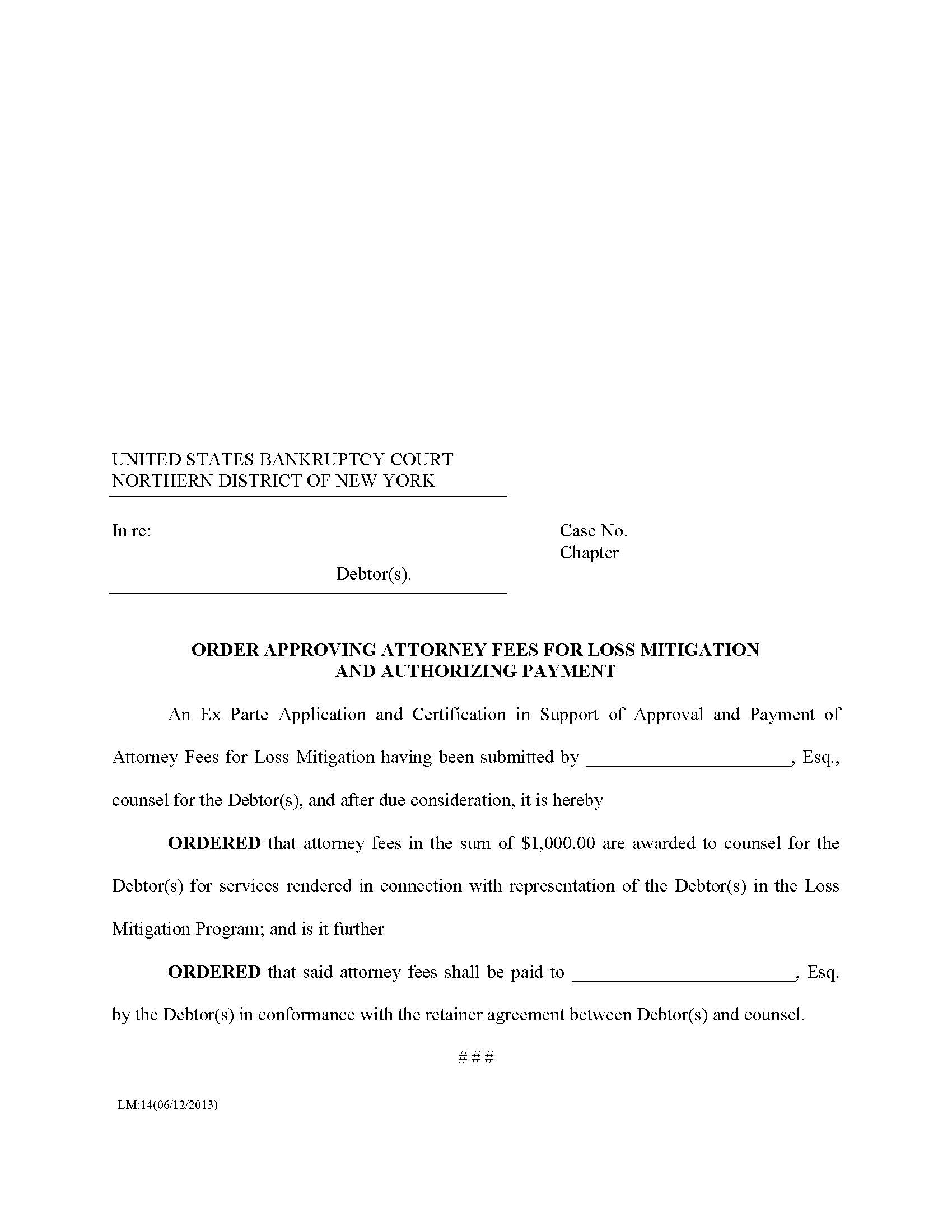 Order Approving Attorney Fees For Loss Mitigation And Authorizing Payment (Ch 7-11) {LM-14} | Pdf Fpdf Docx | New York