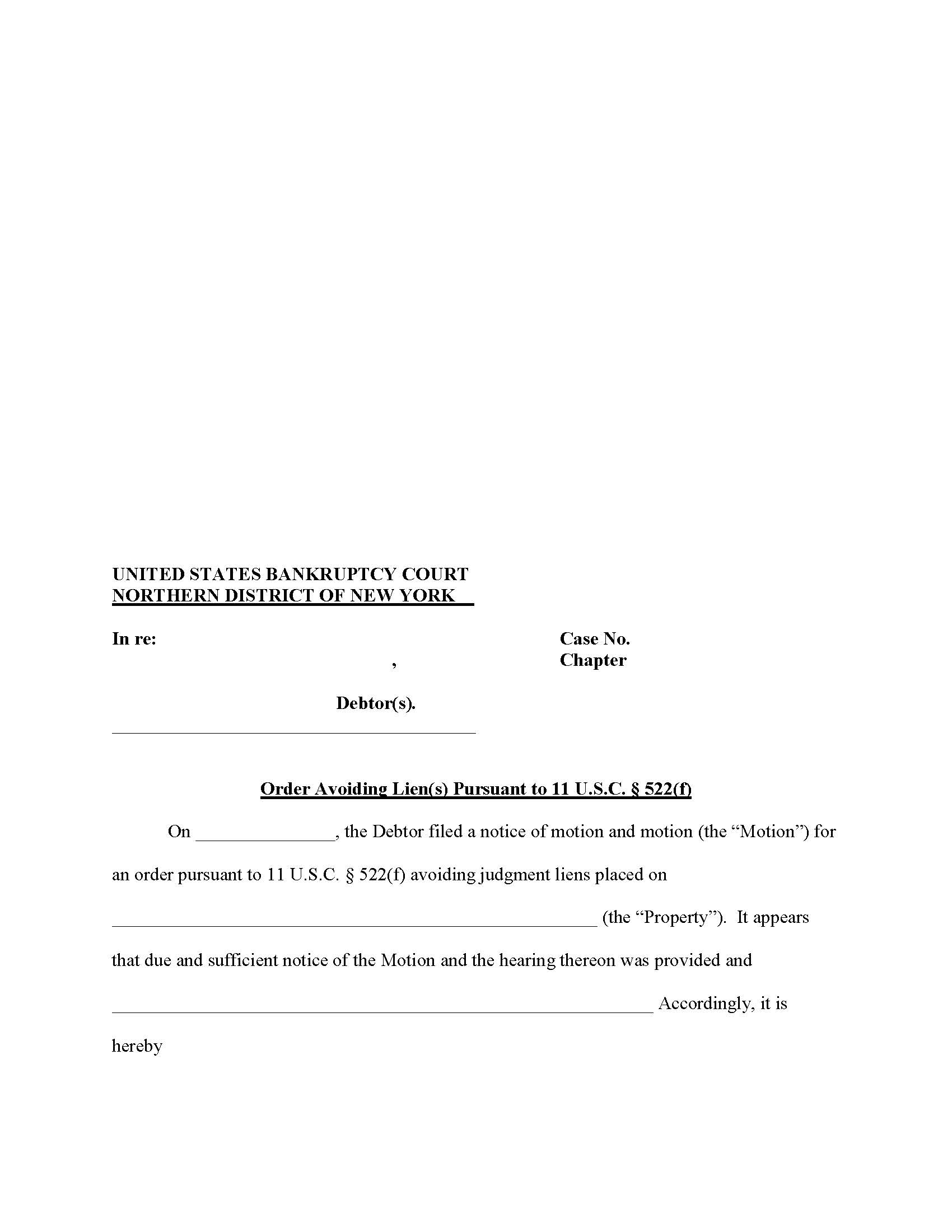 Order Avoiding Lien(s) Pursuant To 11 USC Section 522f (Motion) {NYNB OAL-M} | Pdf Fpdf Docx | New York