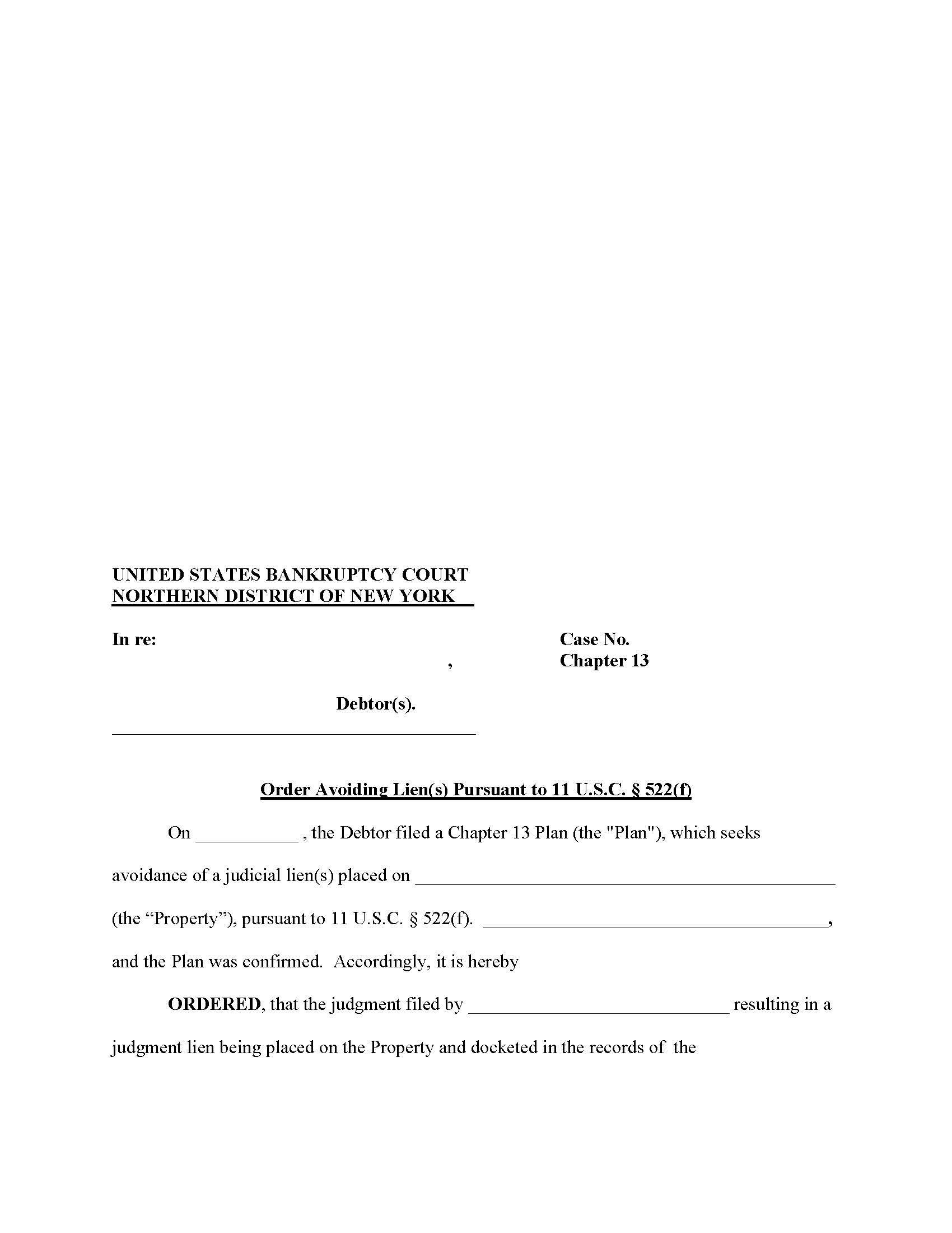 Order Avoiding Lien(s) Pursuant To 11 USC Section 522f (Plan) {NYNB OAL-P} | Pdf Fpdf Docx | New York