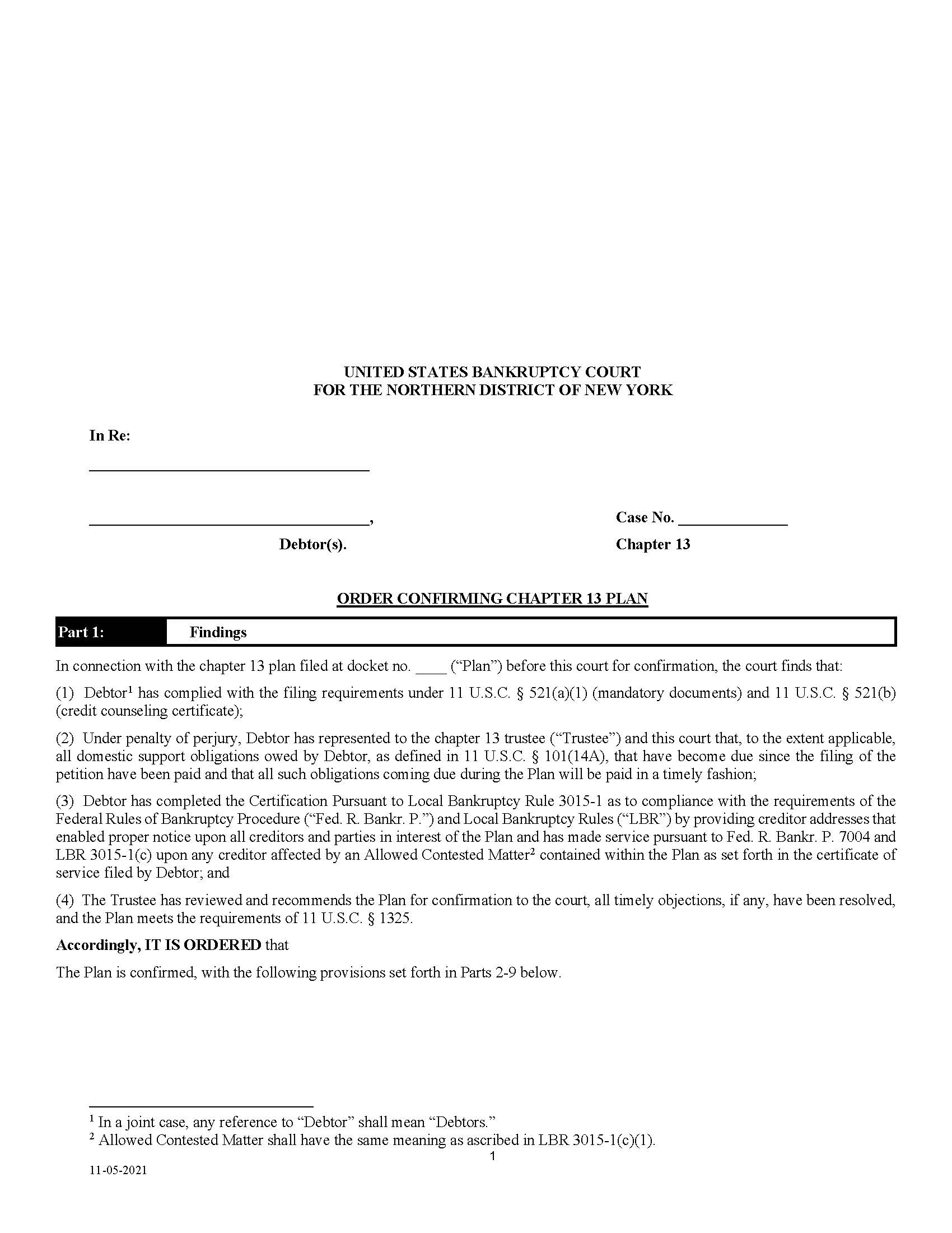 Order Confirming Chapter 13 Plan {NYNB L_3015-1} | Pdf Fpdf Docx | New York