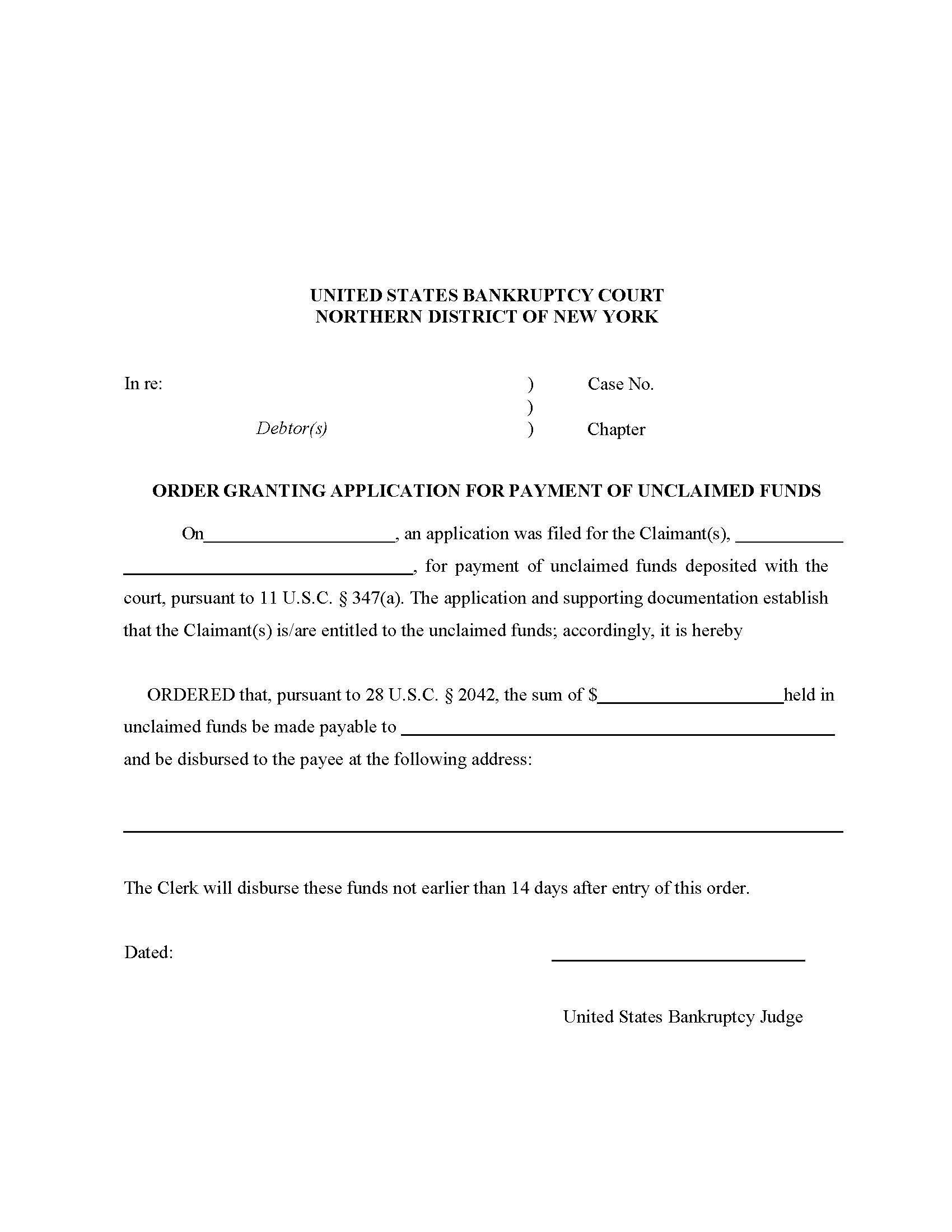 Order Granting Application For Payment Of Unclaimed Funds | Pdf Fpdf Doc Docx | New York