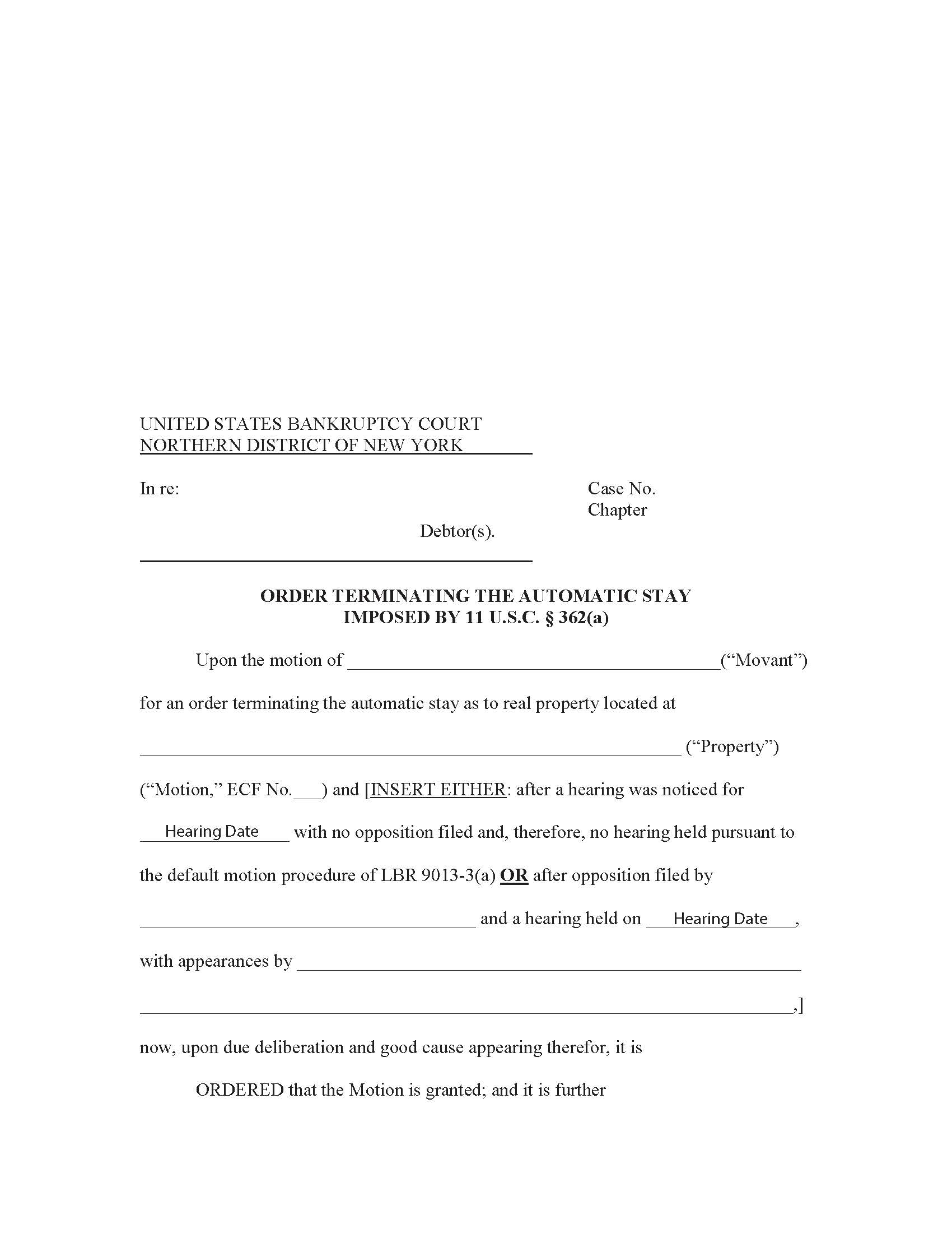 Order Terminating Automatic Stay Imposed By 11 USC 362(a) {NYNB OTAS} | Pdf Fpdf Docx | New York